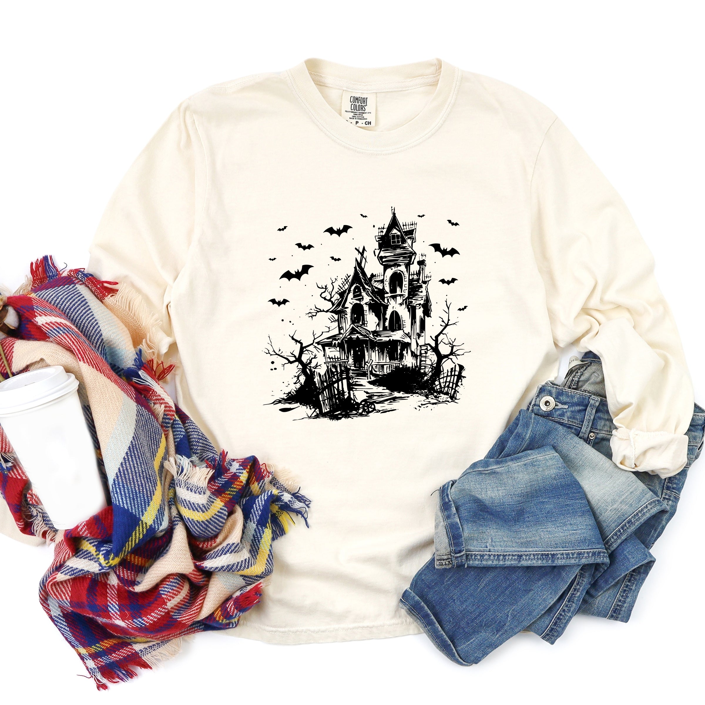 Haunted House And Bats - Women's Garment Dyed Long Sleeve Graphic T-Shirt
