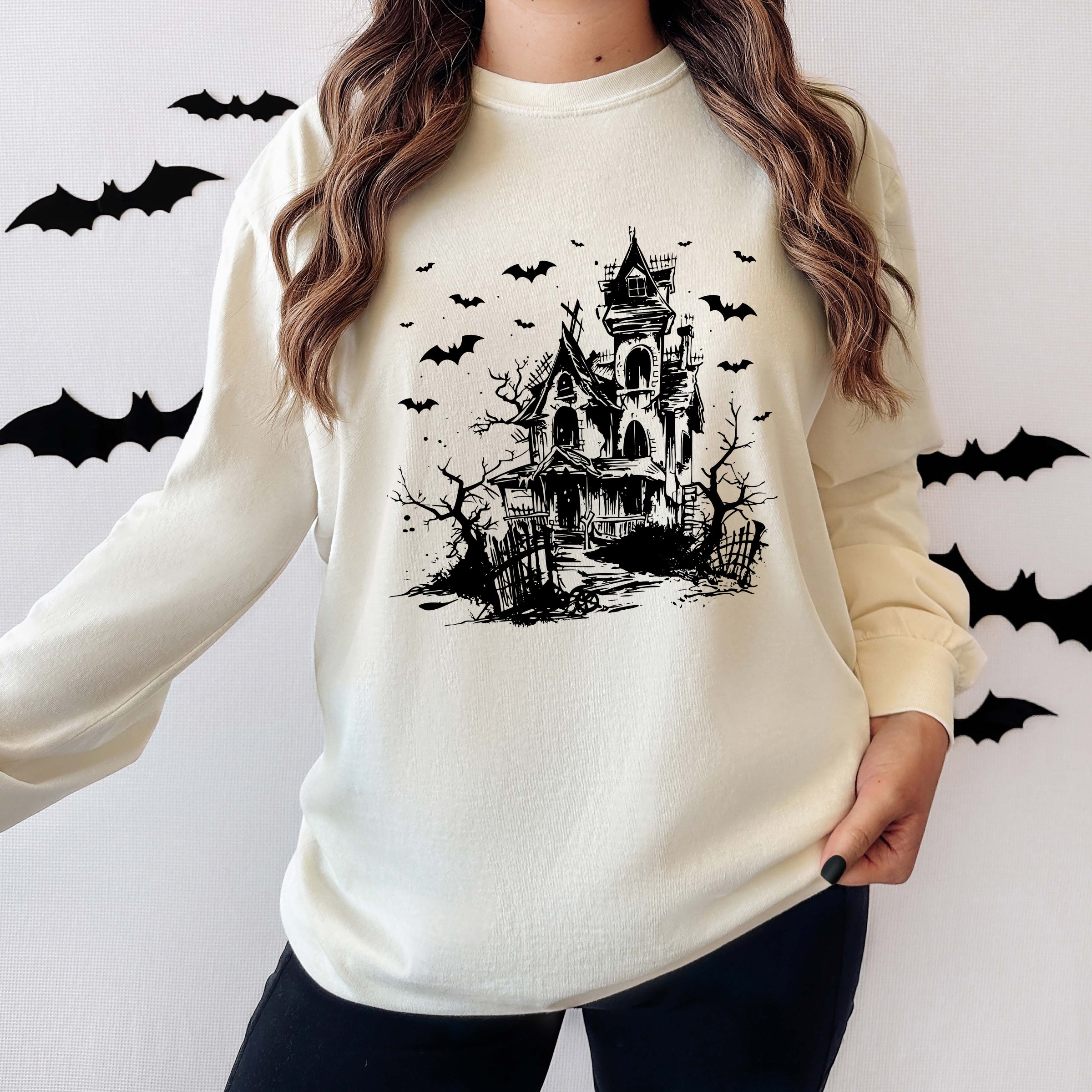 Haunted House And Bats - Women's Garment Dyed Long Sleeve Graphic T-Shirt