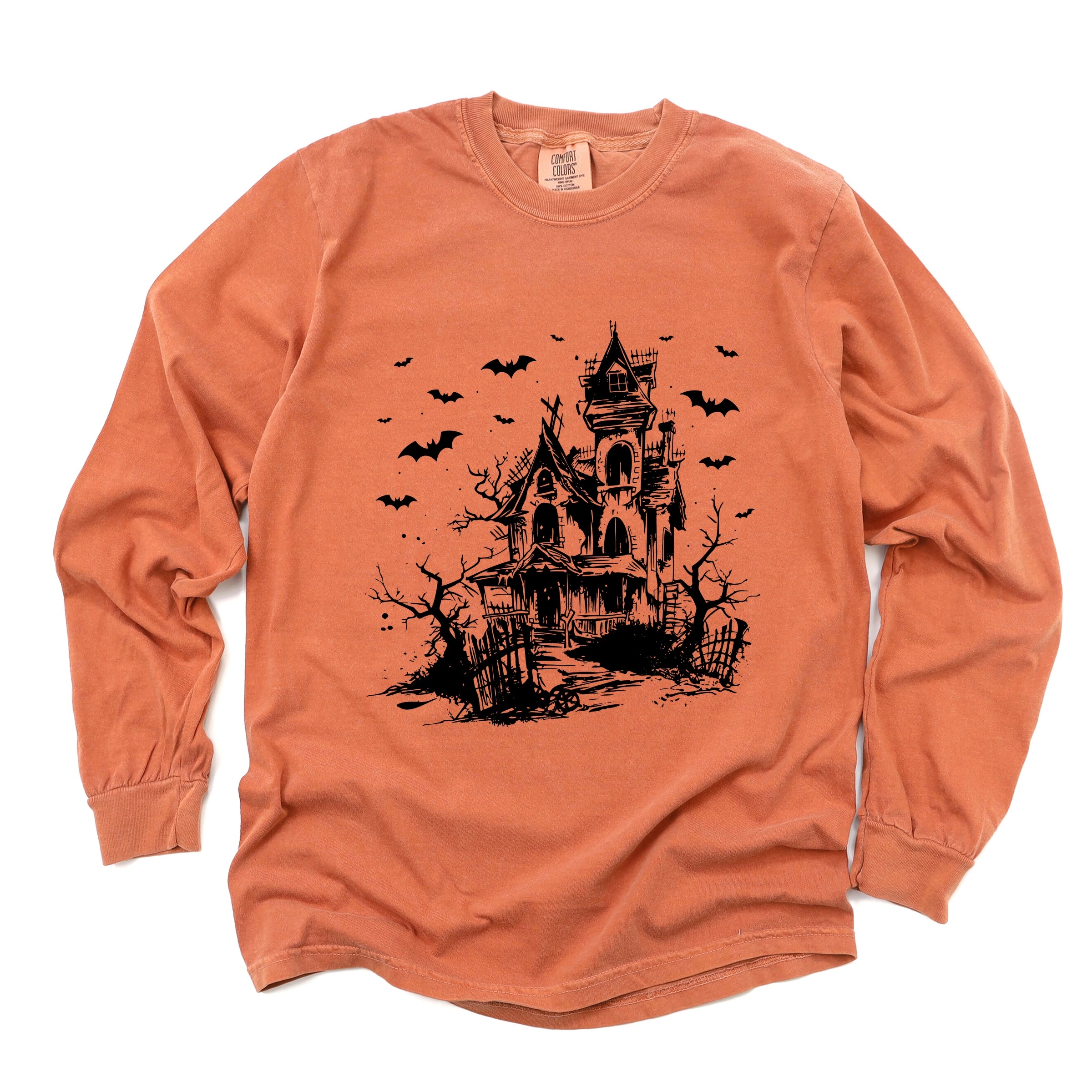 Haunted House And Bats - Women's Garment Dyed Long Sleeve Graphic T-Shirt