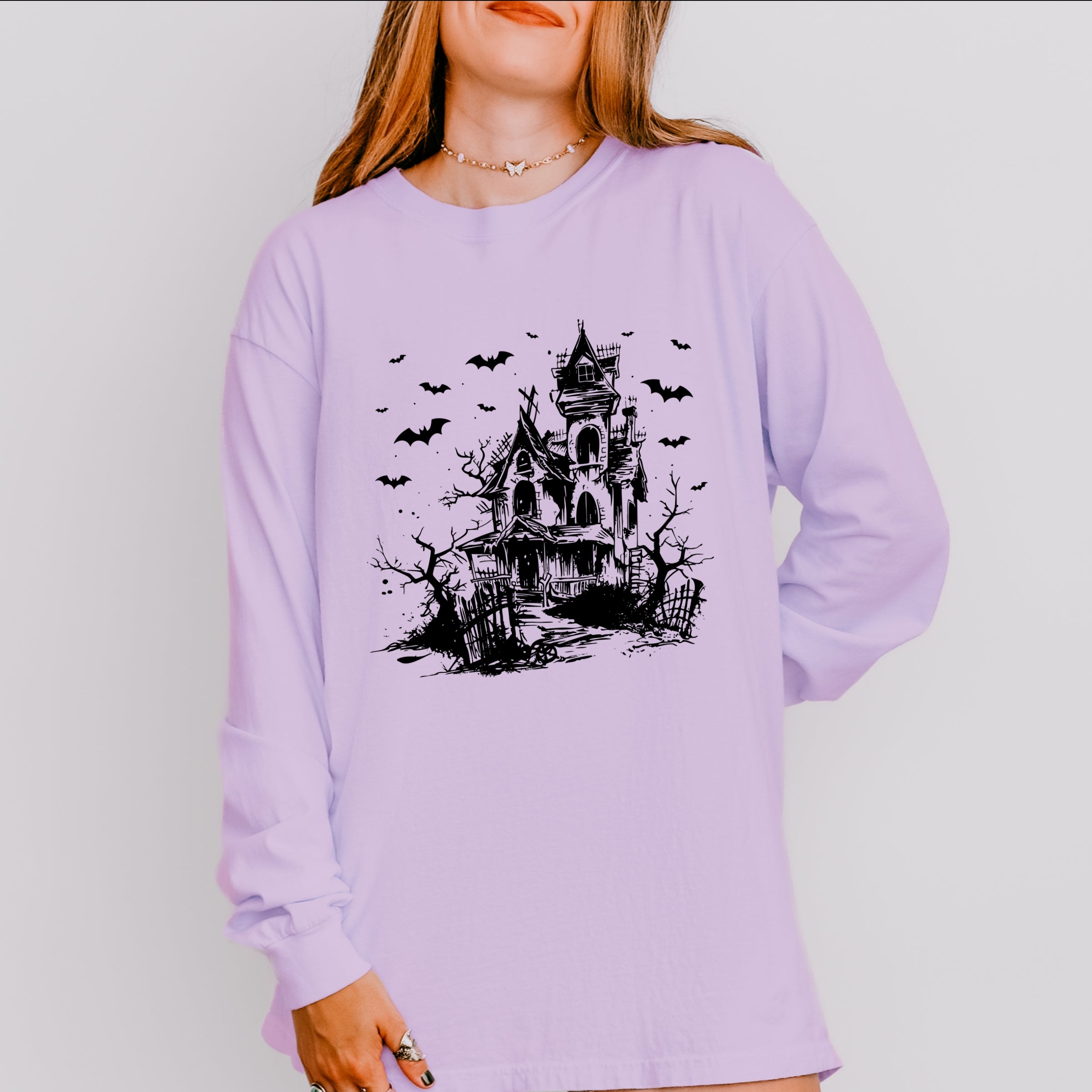 Haunted House And Bats - Women's Garment Dyed Long Sleeve Graphic T-Shirt