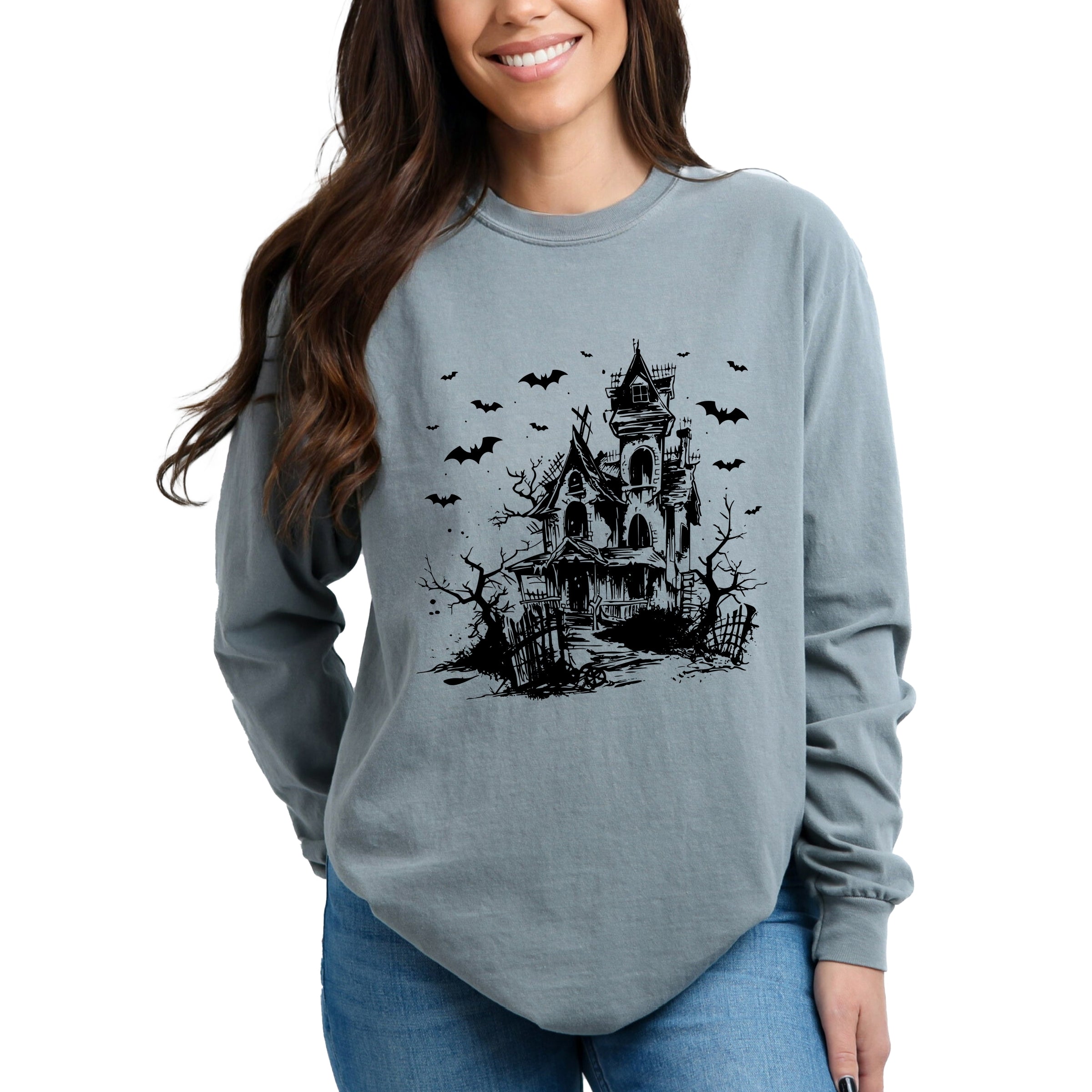 Haunted House And Bats - Women's Garment Dyed Long Sleeve Graphic T-Shirt