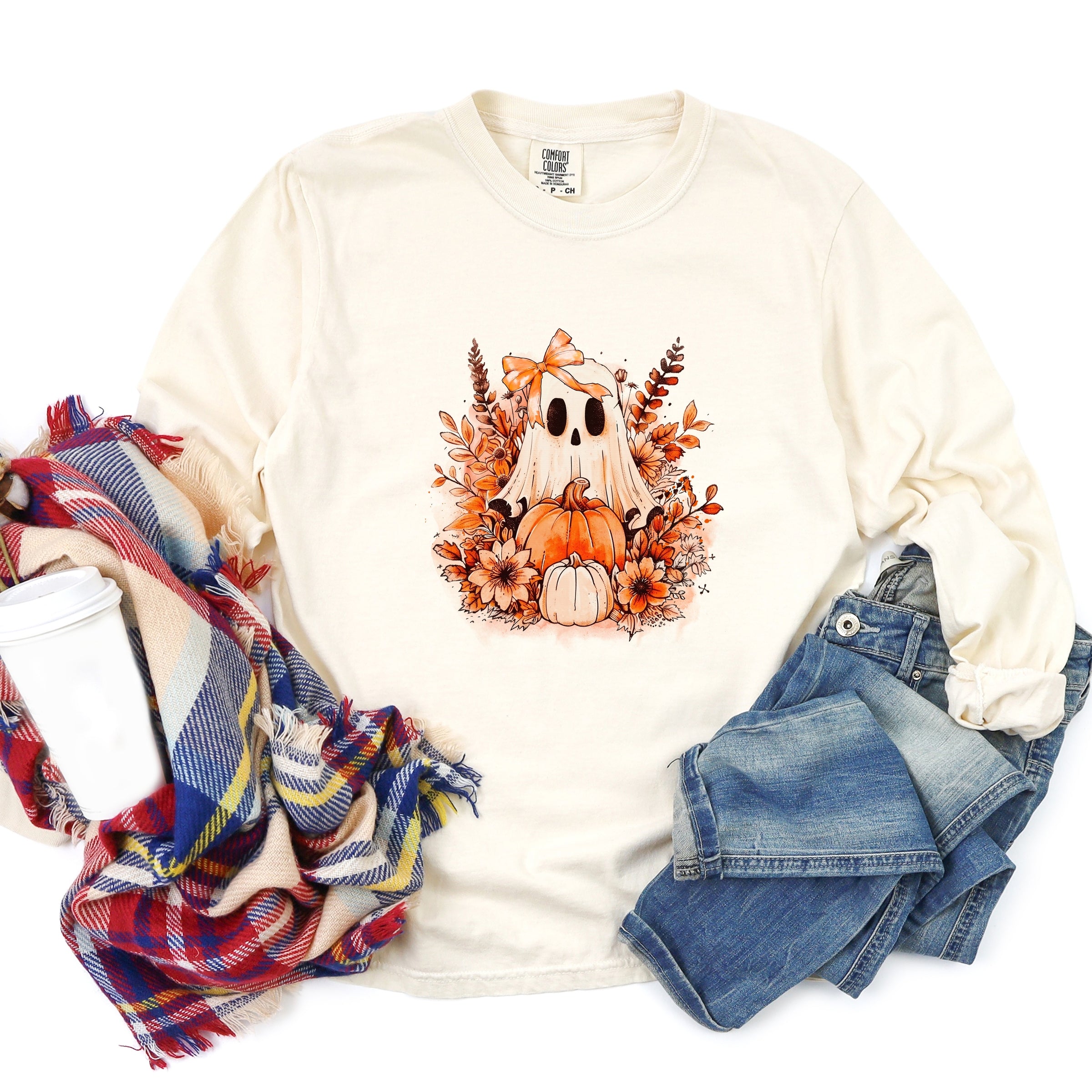 Girl Ghost Floral - Women's Garment Dyed Long Sleeve Graphic T-Shirt