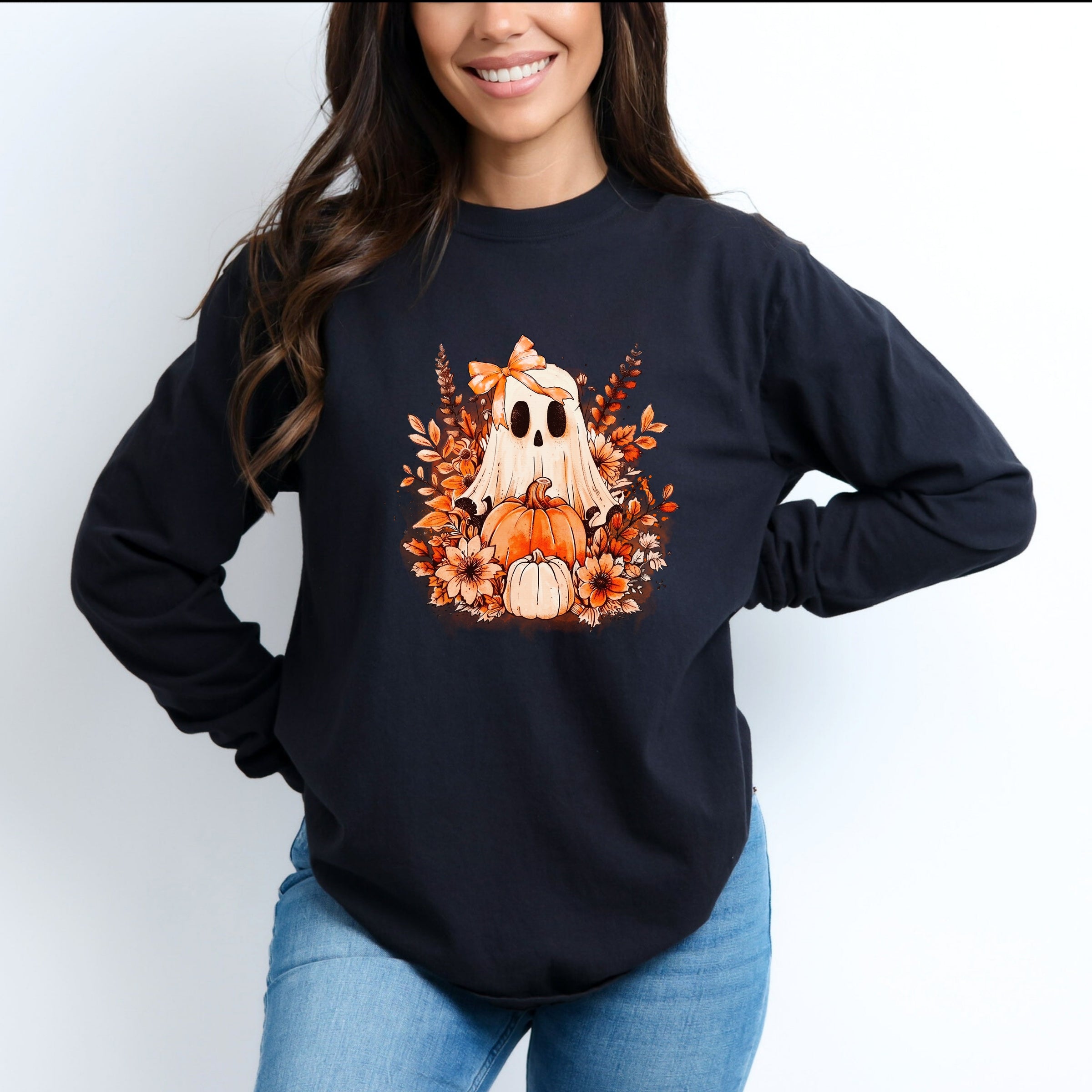 Girl Ghost Floral - Women's Garment Dyed Long Sleeve Graphic T-Shirt