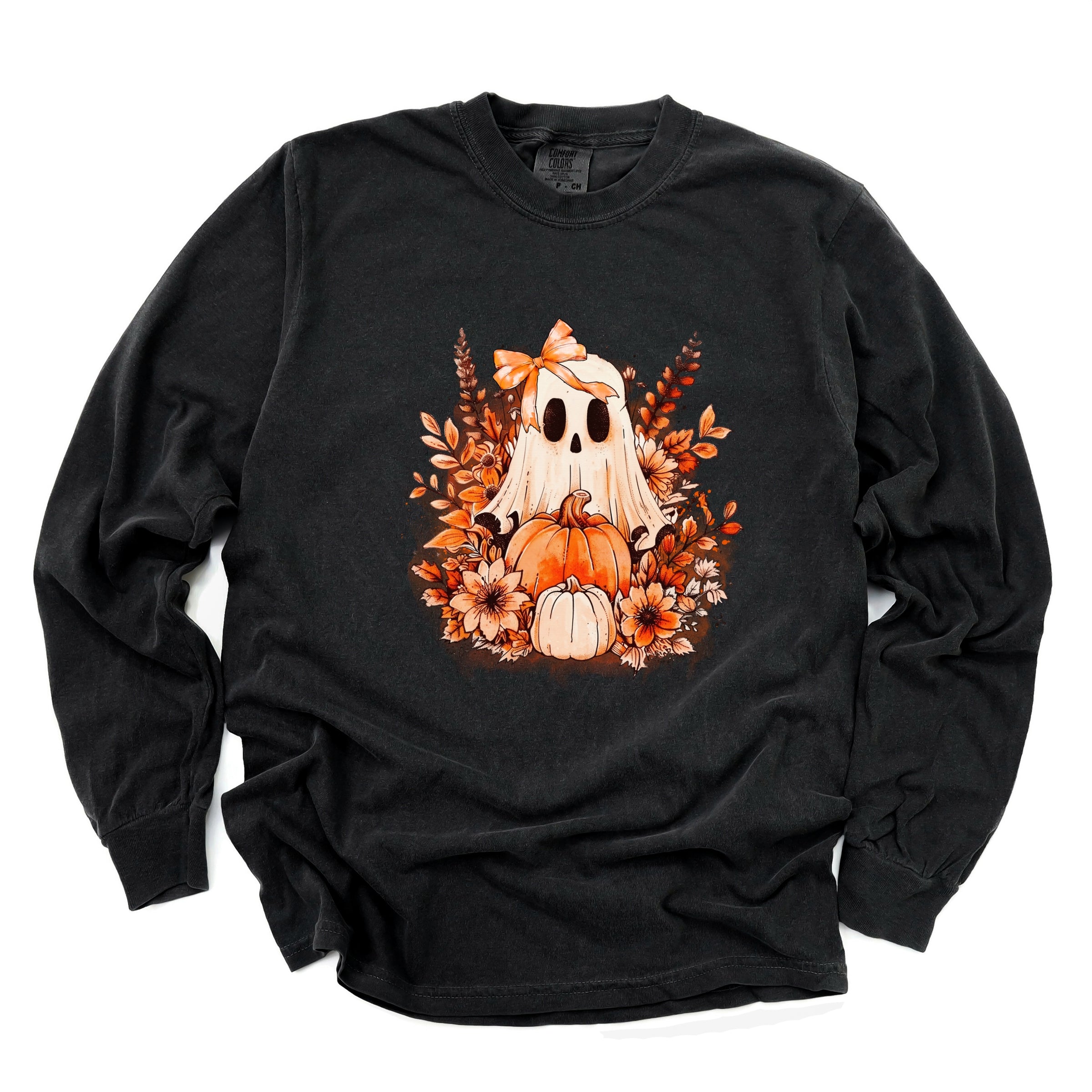 Girl Ghost Floral - Women's Garment Dyed Long Sleeve Graphic T-Shirt