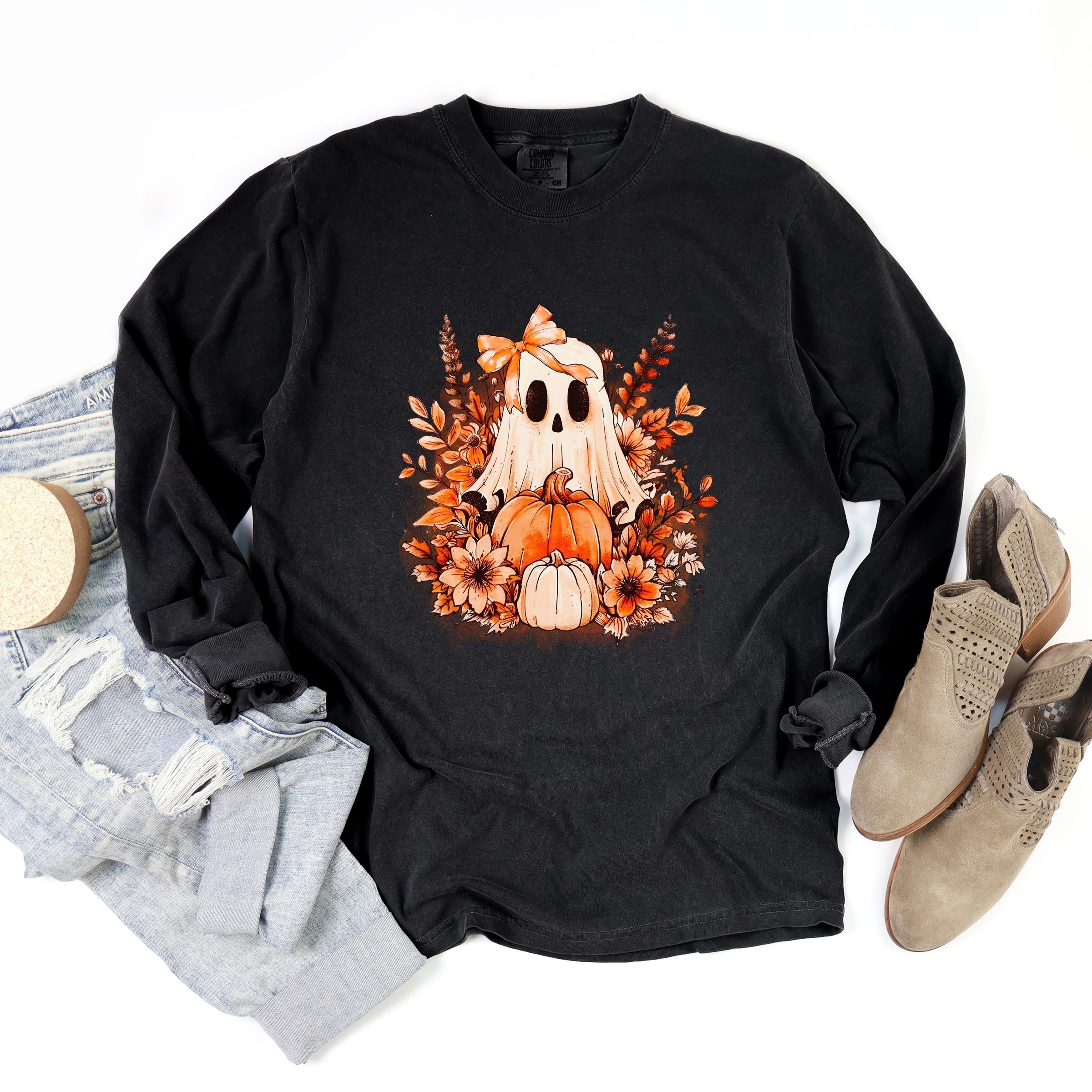 Girl Ghost Floral - Women's Garment Dyed Long Sleeve Graphic T-Shirt