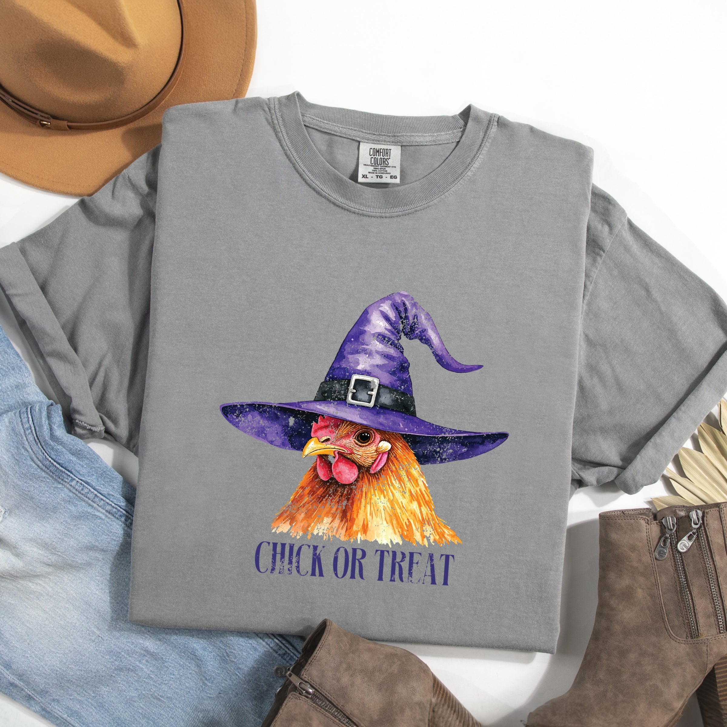 Chick Or Treat Watercolor Distressed - Women's Garment Dyed Graphic T-Shirt
