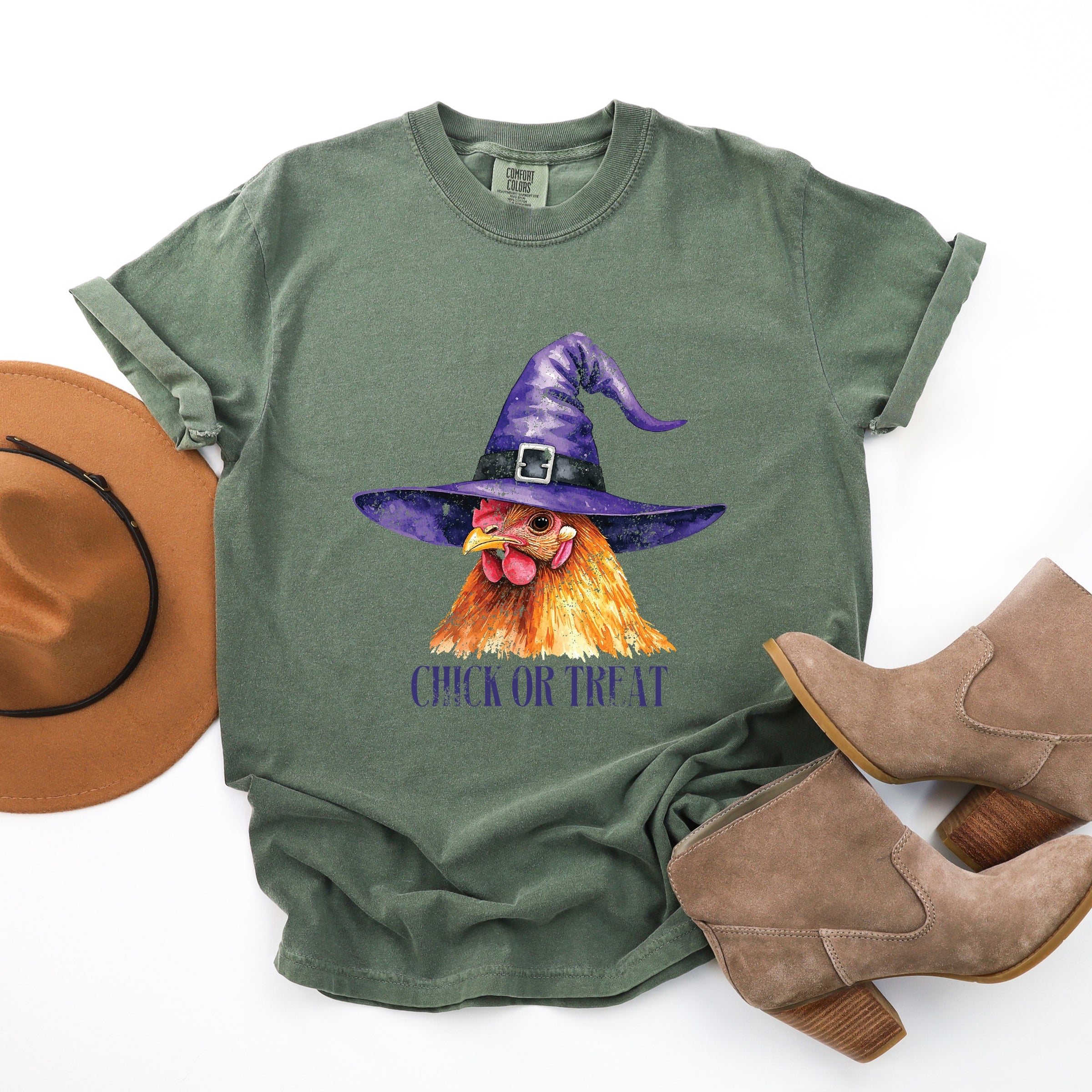 Chick Or Treat Watercolor Distressed - Women's Garment Dyed Graphic T-Shirt
