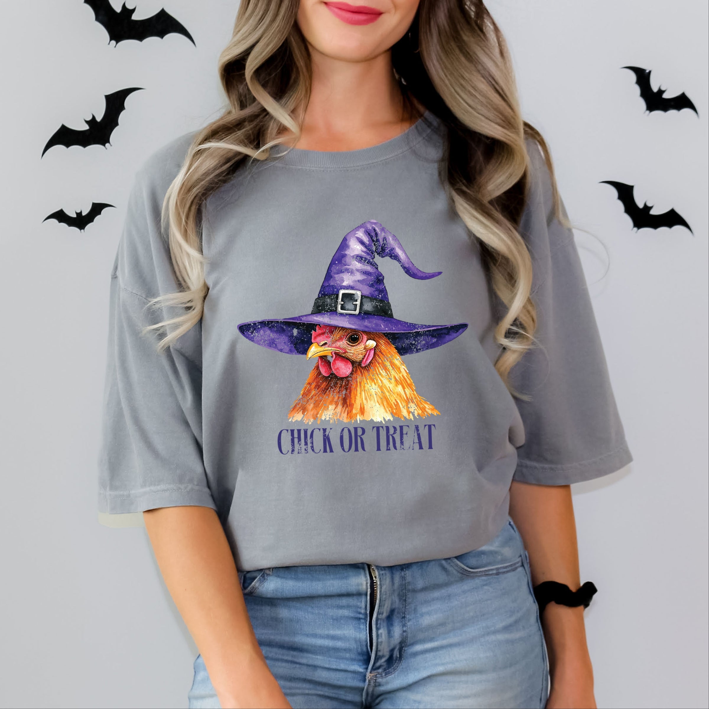 Chick Or Treat Watercolor Distressed - Women's Garment Dyed Graphic T-Shirt