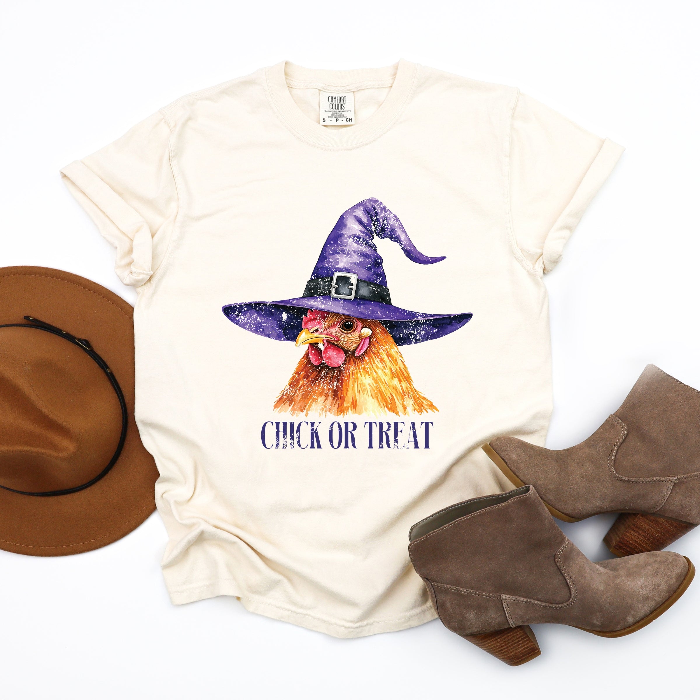Chick Or Treat Watercolor Distressed - Women's Garment Dyed Graphic T-Shirt