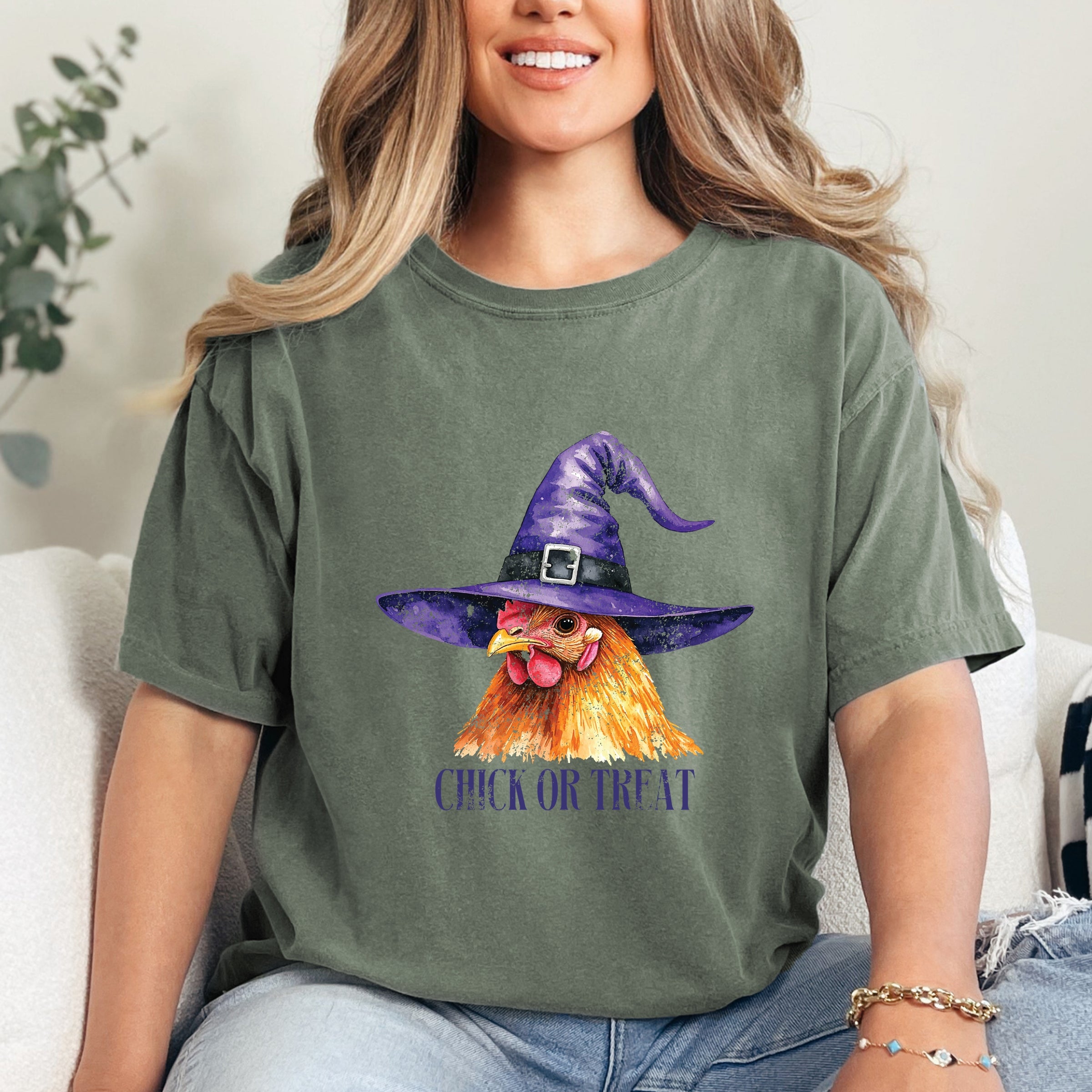 Chick Or Treat Watercolor Distressed - Women's Garment Dyed Graphic T-Shirt
