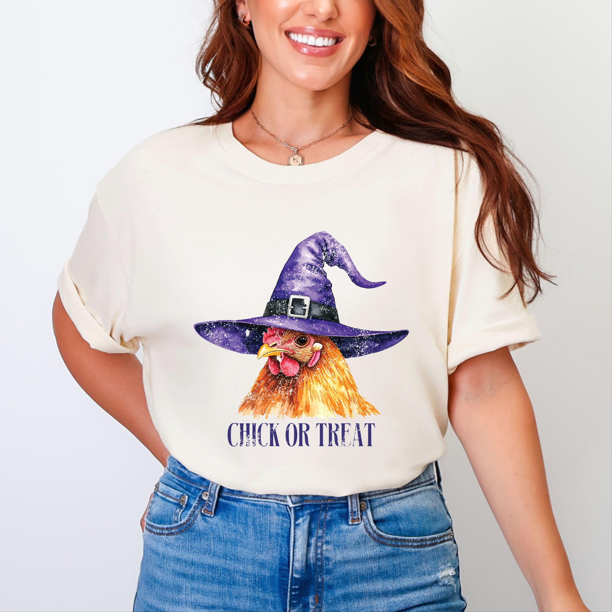 Chick Or Treat Watercolor Distressed - Women's Garment Dyed Graphic T-Shirt