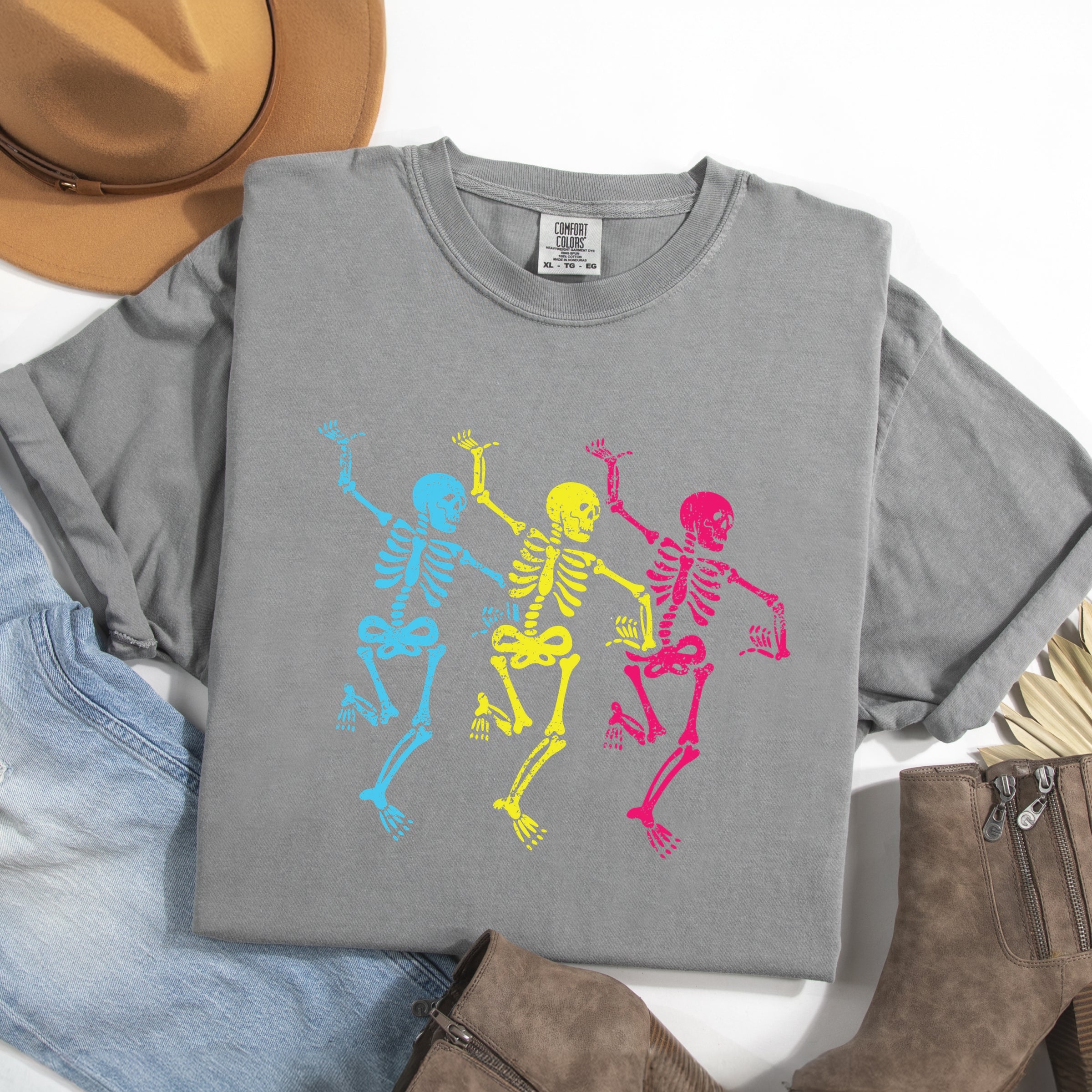 Three Skeletons Dancing Neon - Women's Garment Dyed Graphic T-Shirt