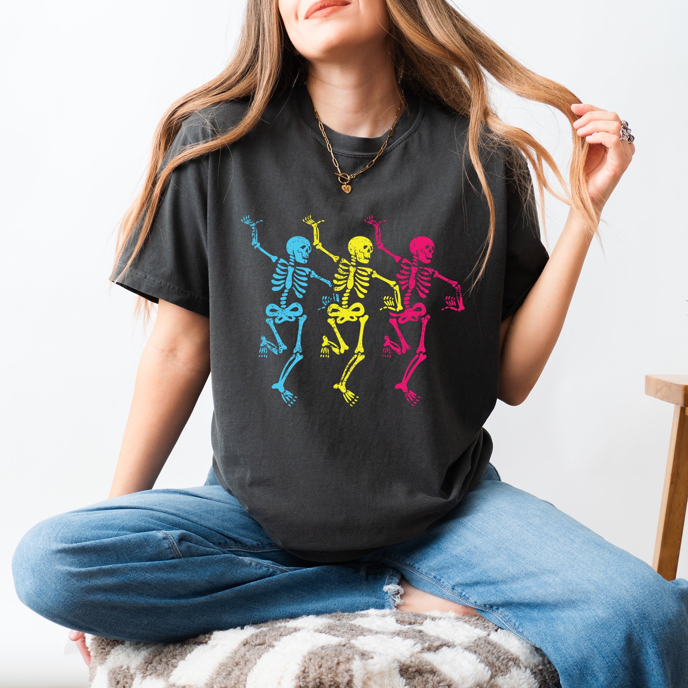 Three Skeletons Dancing Neon - Women's Garment Dyed Graphic T-Shirt