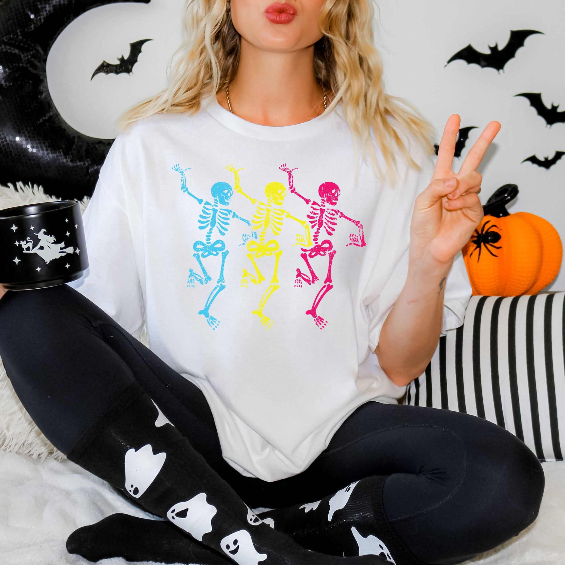 Three Skeletons Dancing Neon - Women's Garment Dyed Graphic T-Shirt