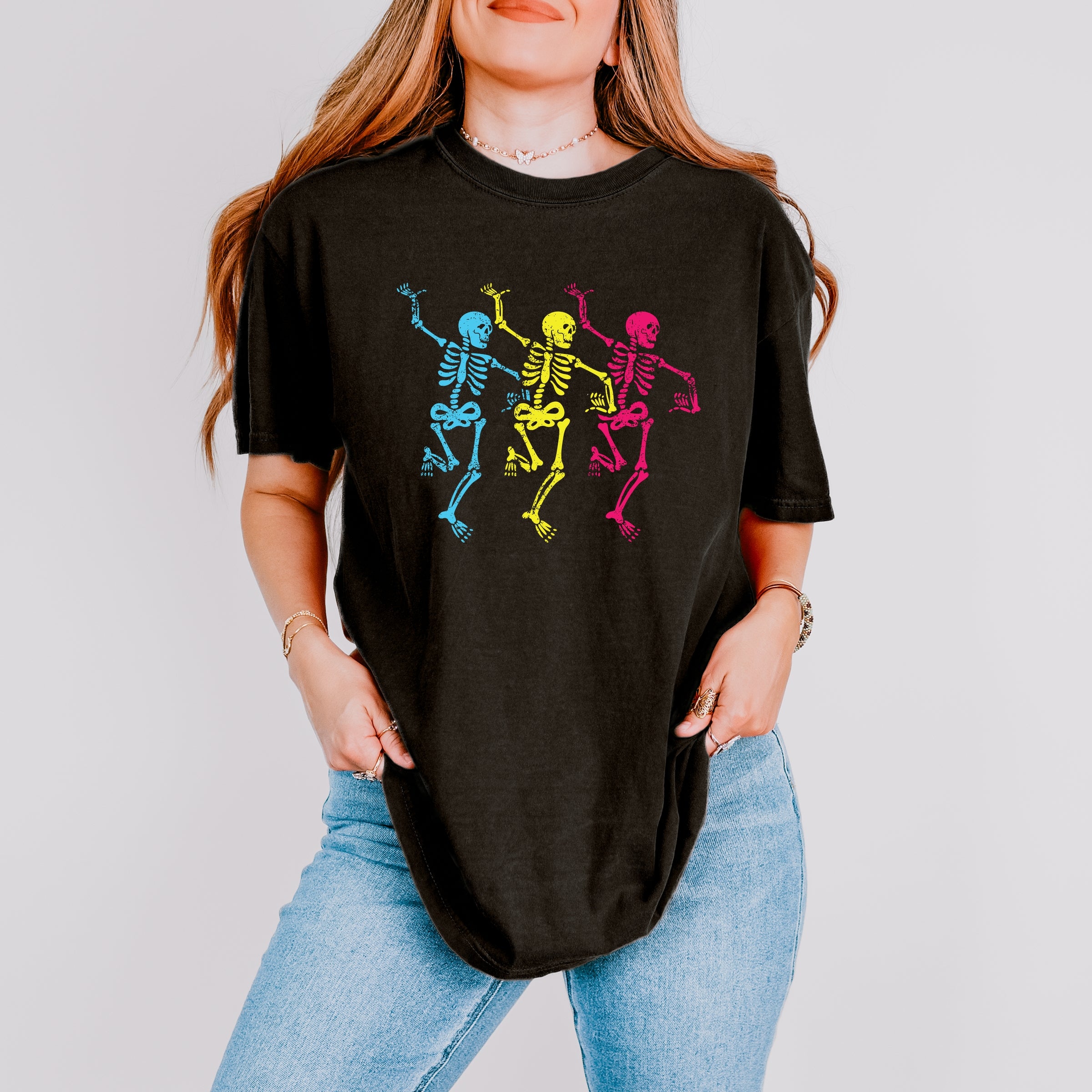 Three Skeletons Dancing Neon - Women's Garment Dyed Graphic T-Shirt