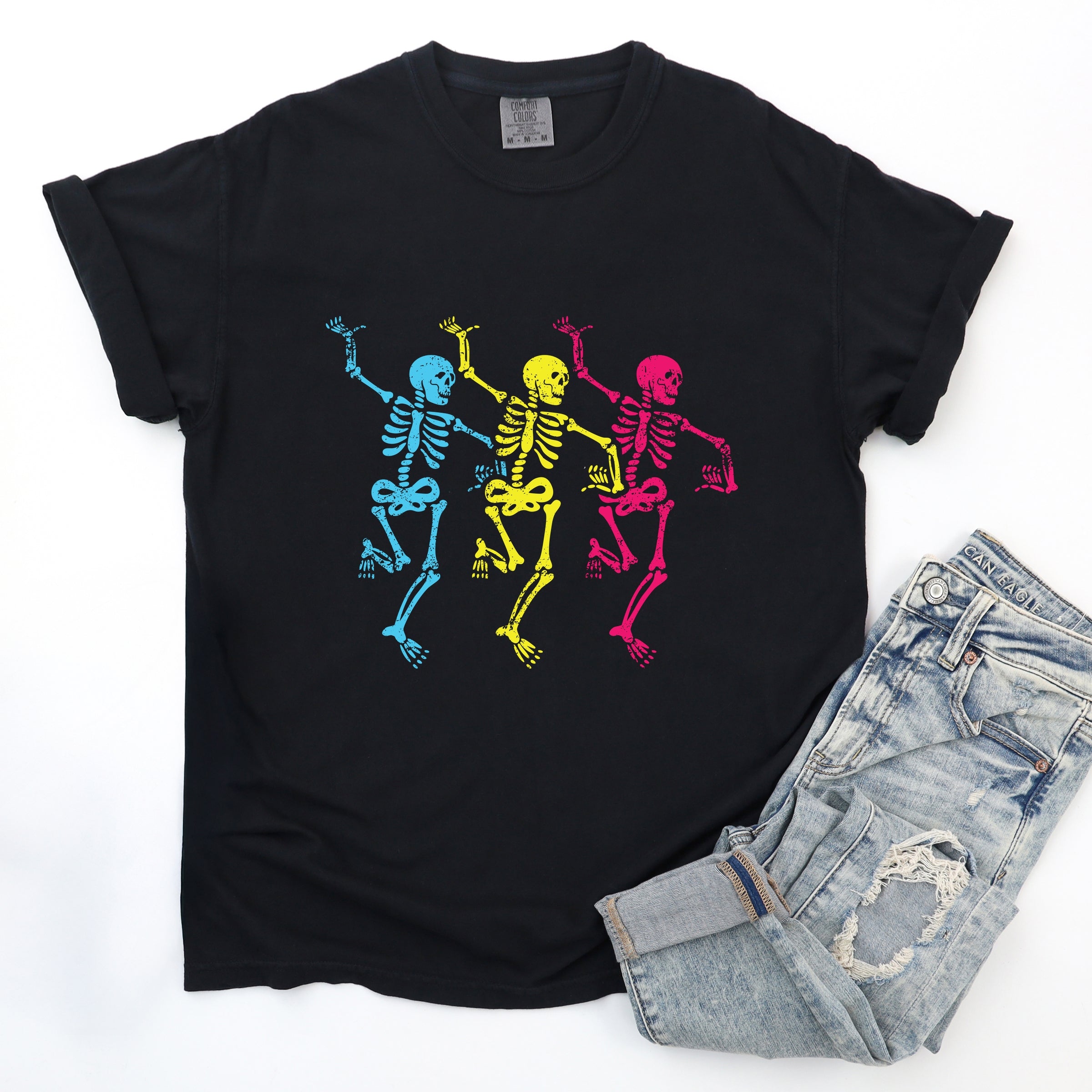 Three Skeletons Dancing Neon - Women's Garment Dyed Graphic T-Shirt