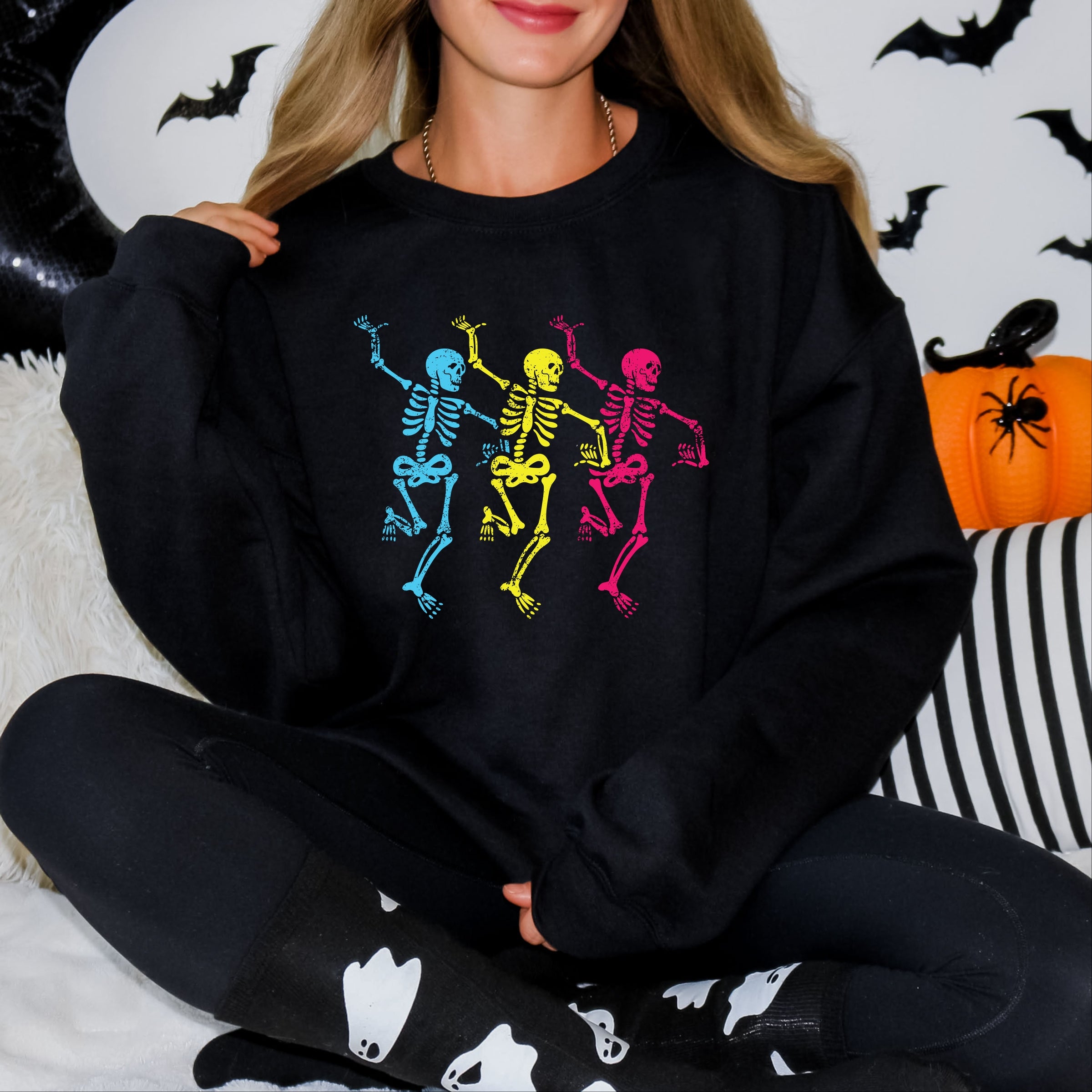 Three Skeletons Dancing Neon -  Women's Graphic Sweatshirt