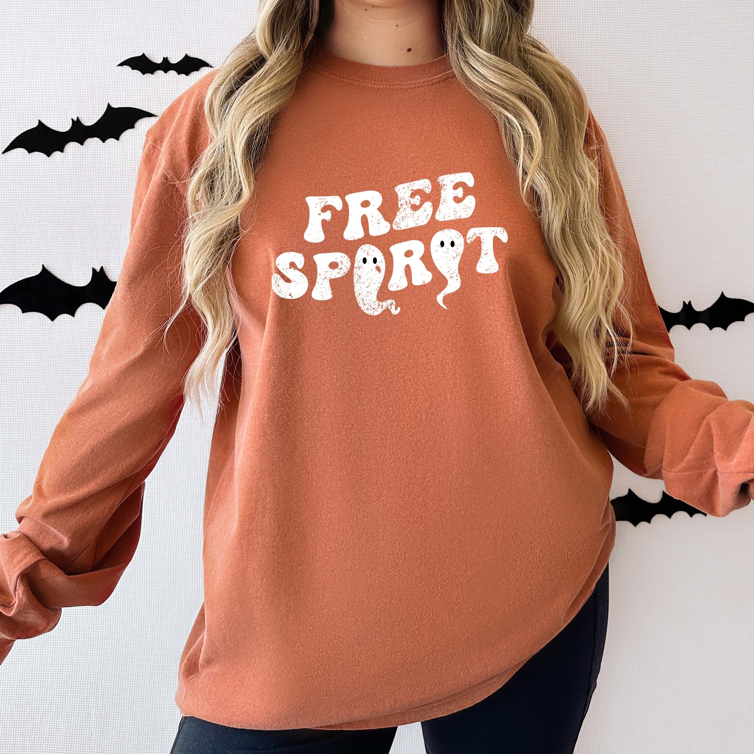 Free Spirit Ghost Distressed - Women's Garment Dyed Long Sleeve Graphic T-Shirt
