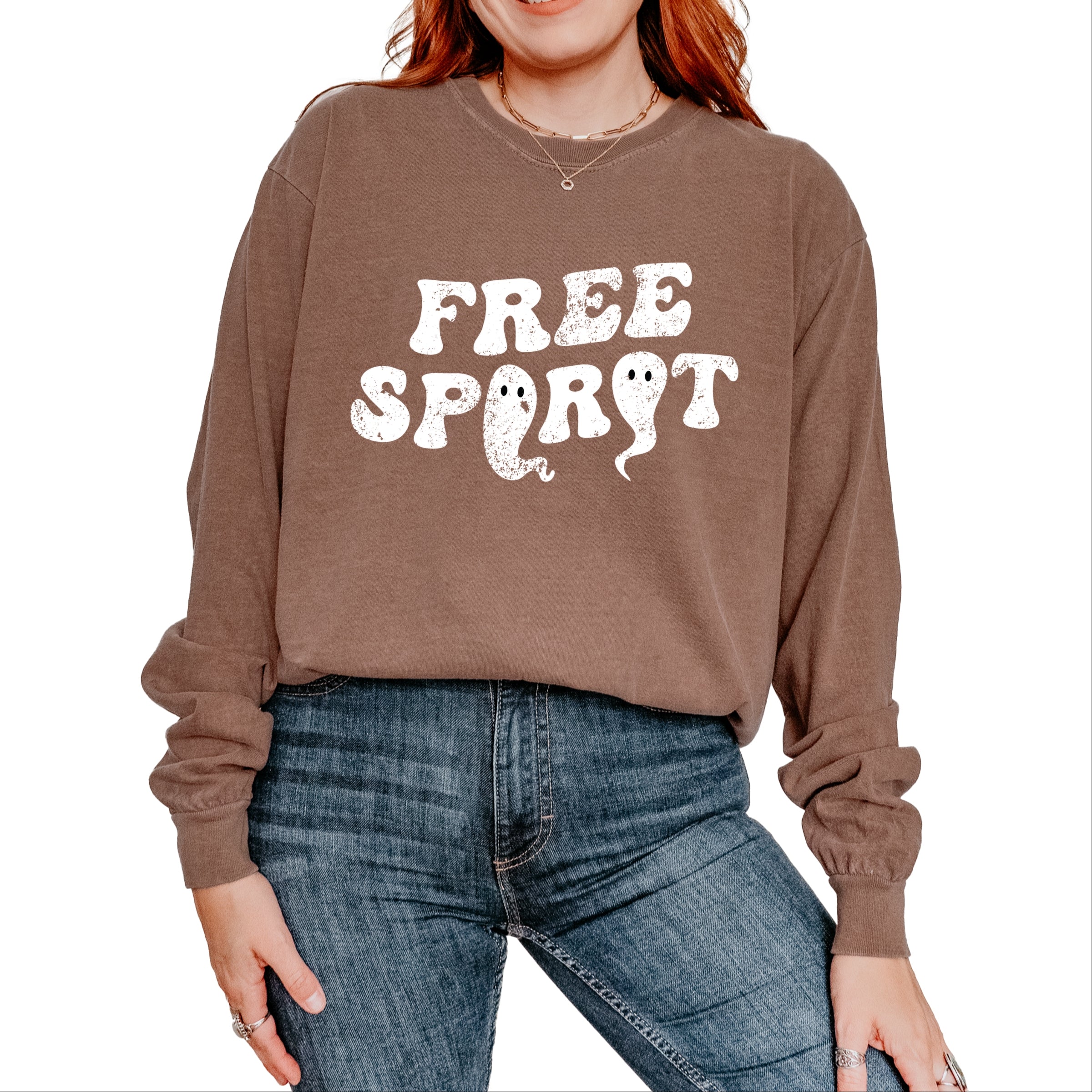 Free Spirit Ghost Distressed - Women's Garment Dyed Long Sleeve Graphic T-Shirt