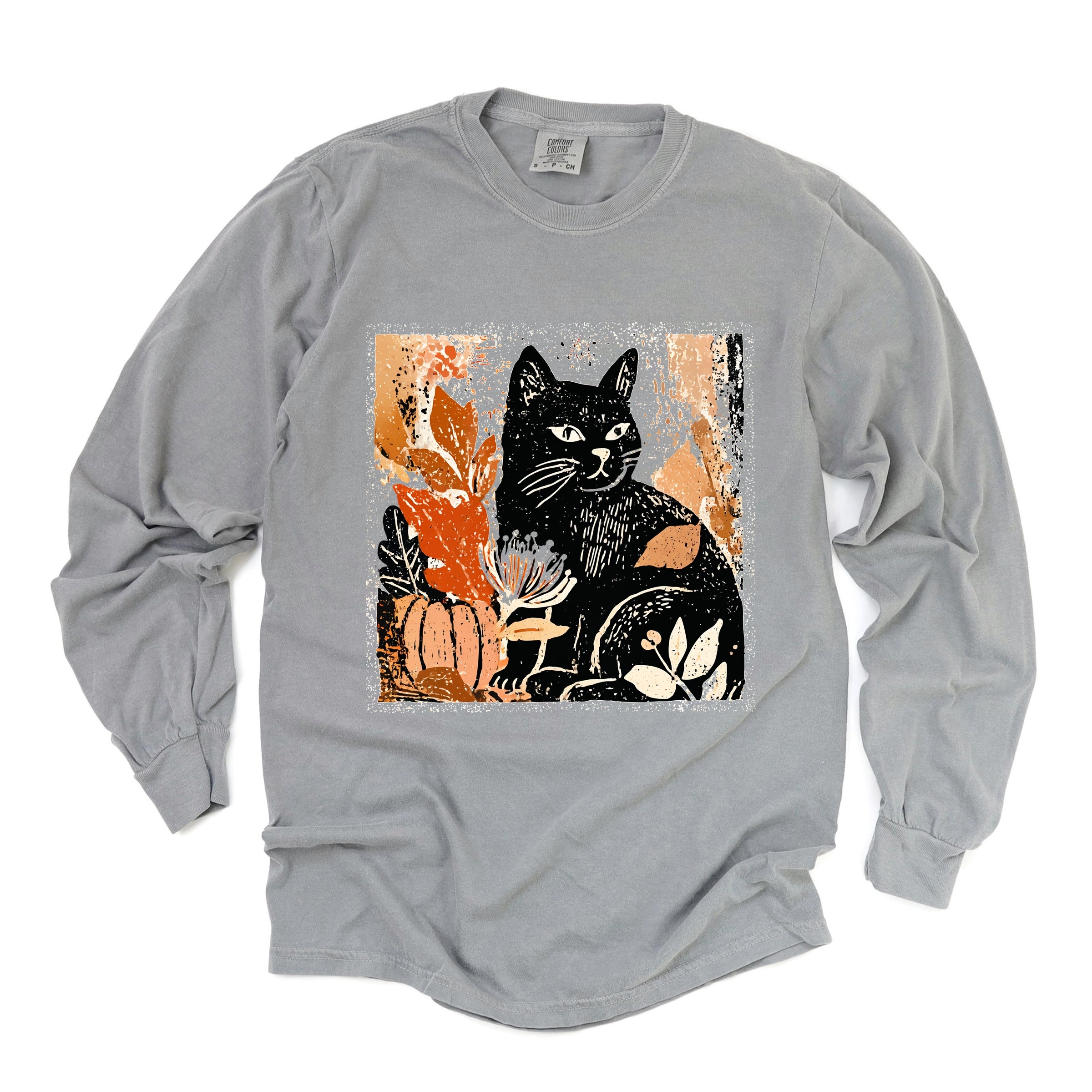 Black Cat Fall Leaves Distressed - Women's Garment Dyed Long Sleeve Graphic T-Shirt