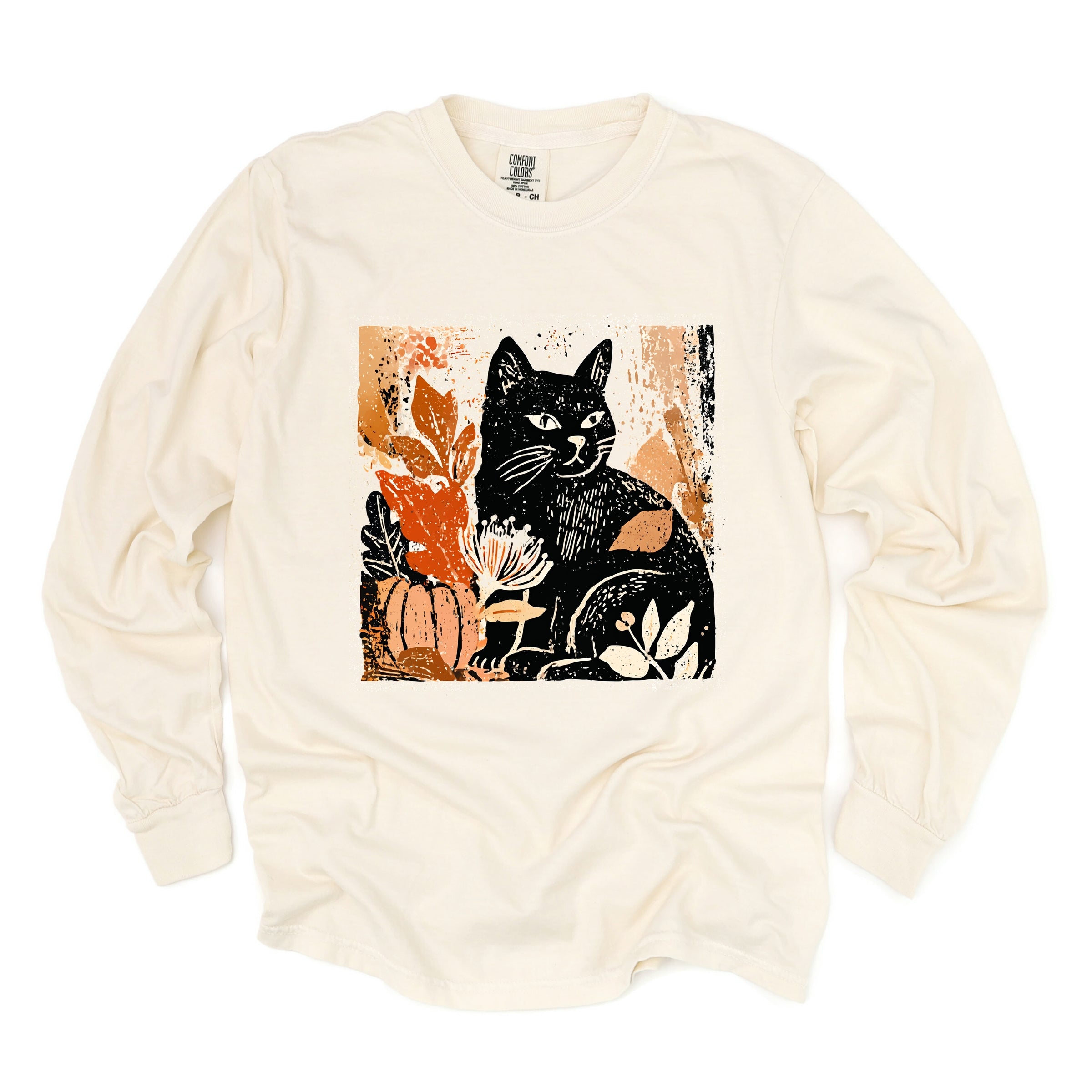 Black Cat Fall Leaves Distressed - Women's Garment Dyed Long Sleeve Graphic T-Shirt