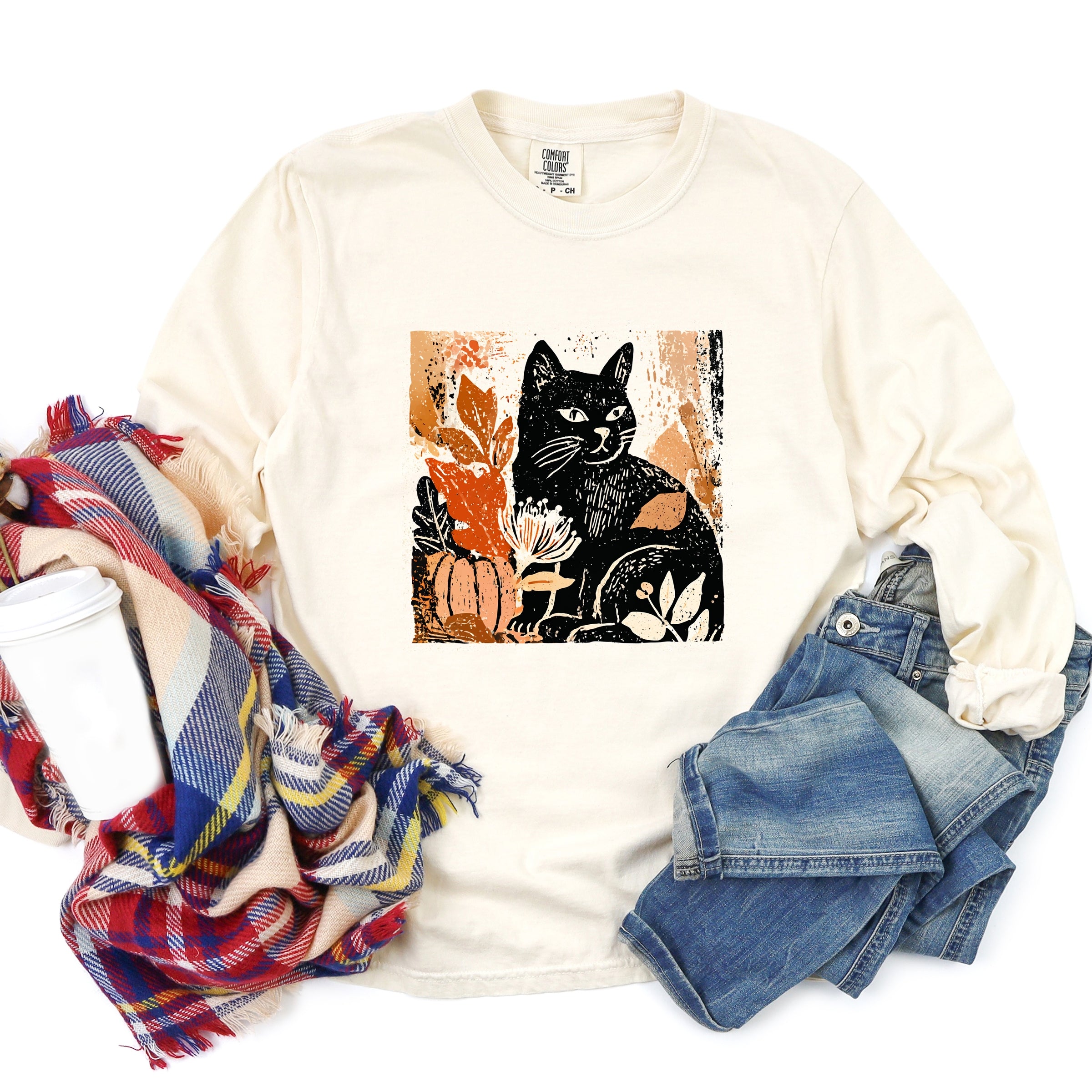 Black Cat Fall Leaves Distressed - Women's Garment Dyed Long Sleeve Graphic T-Shirt
