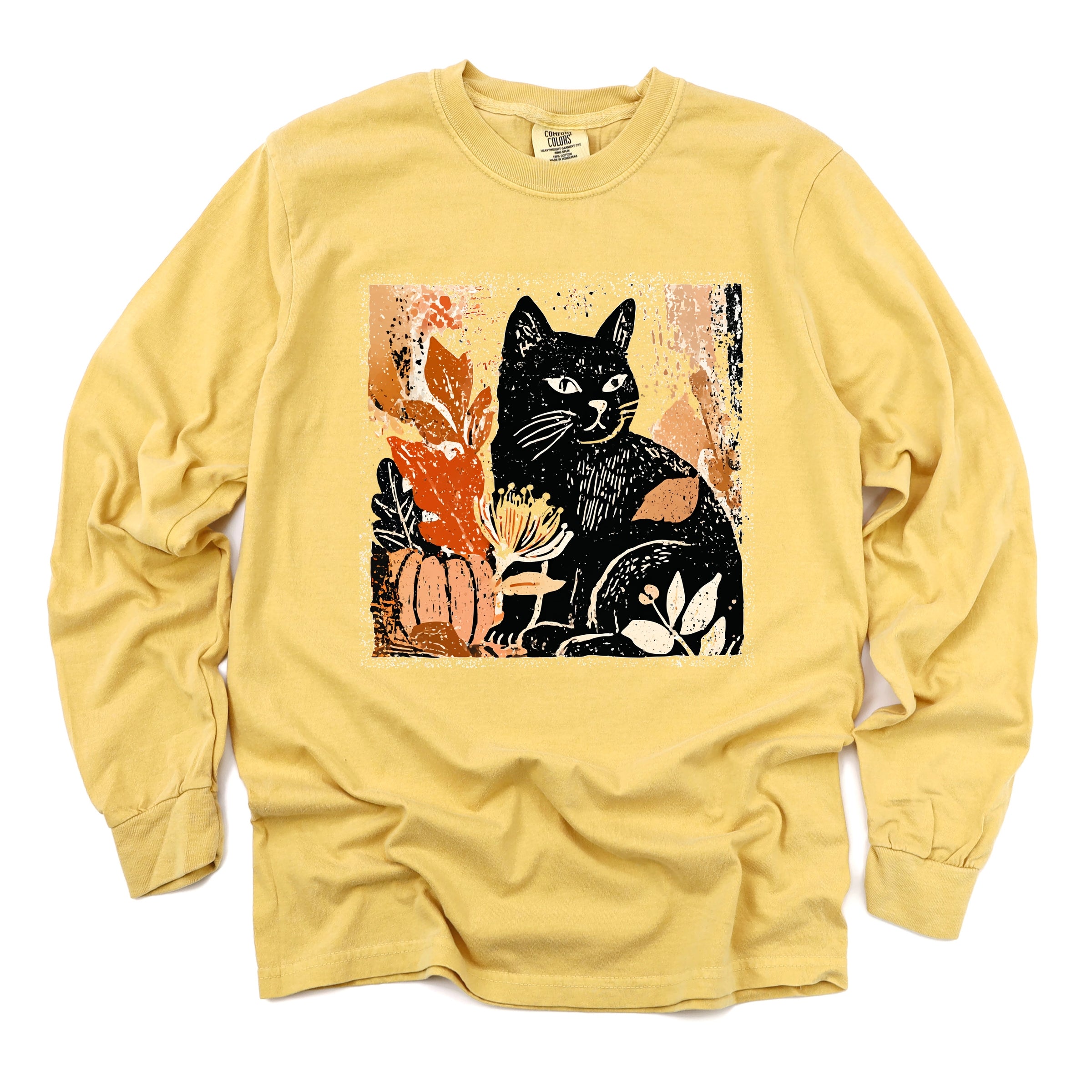 Black Cat Fall Leaves Distressed - Women's Garment Dyed Long Sleeve Graphic T-Shirt