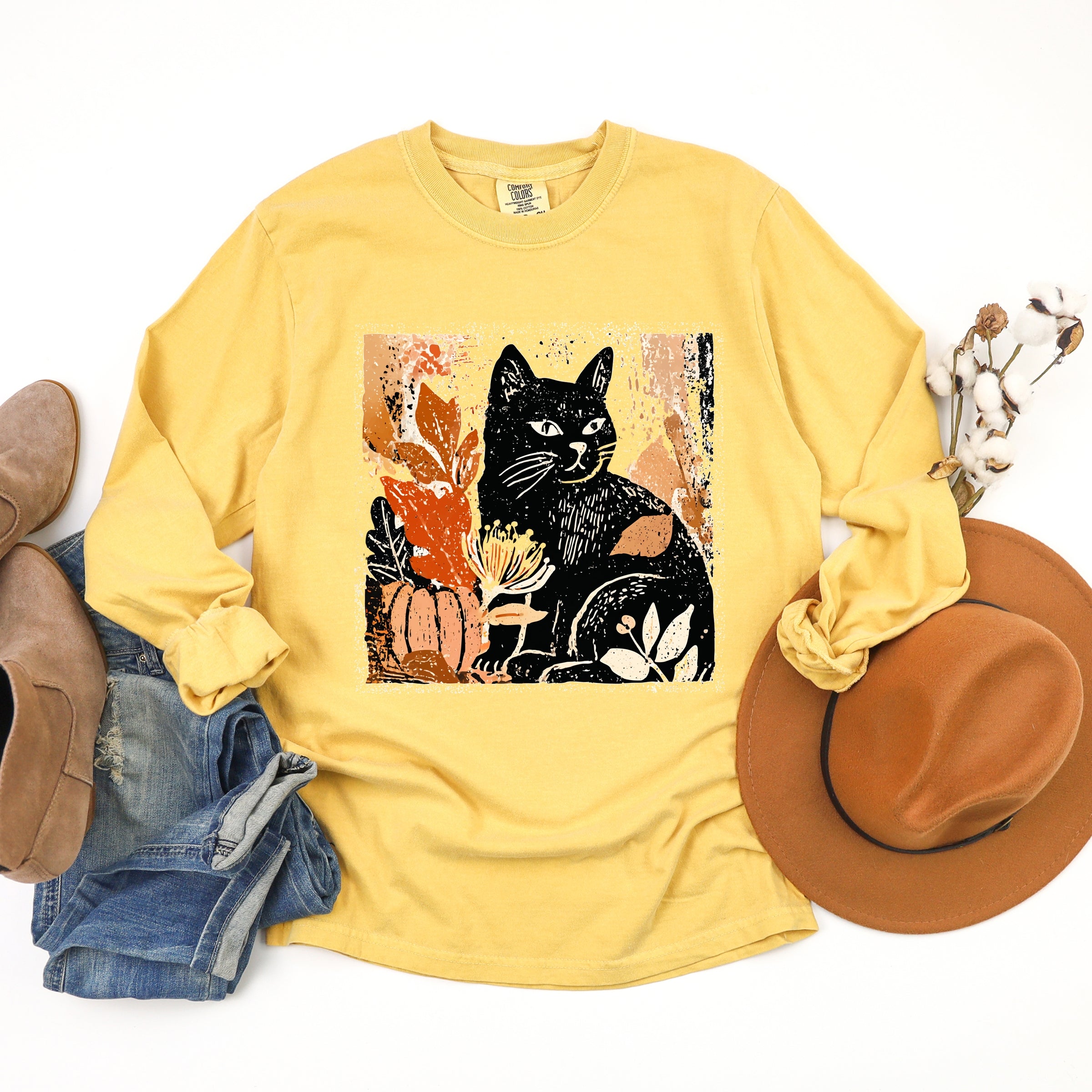 Black Cat Fall Leaves Distressed - Women's Garment Dyed Long Sleeve Graphic T-Shirt