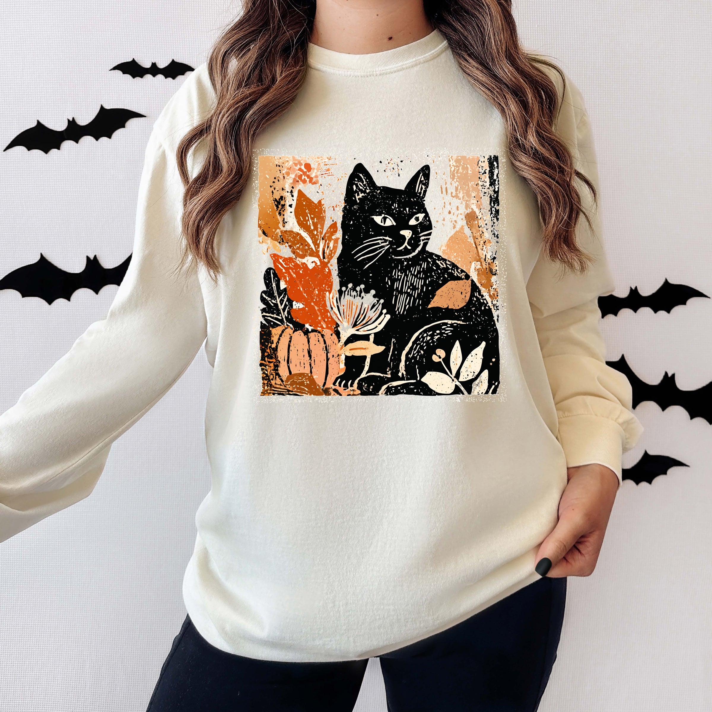 Black Cat Fall Leaves Distressed - Women's Garment Dyed Long Sleeve Graphic T-Shirt