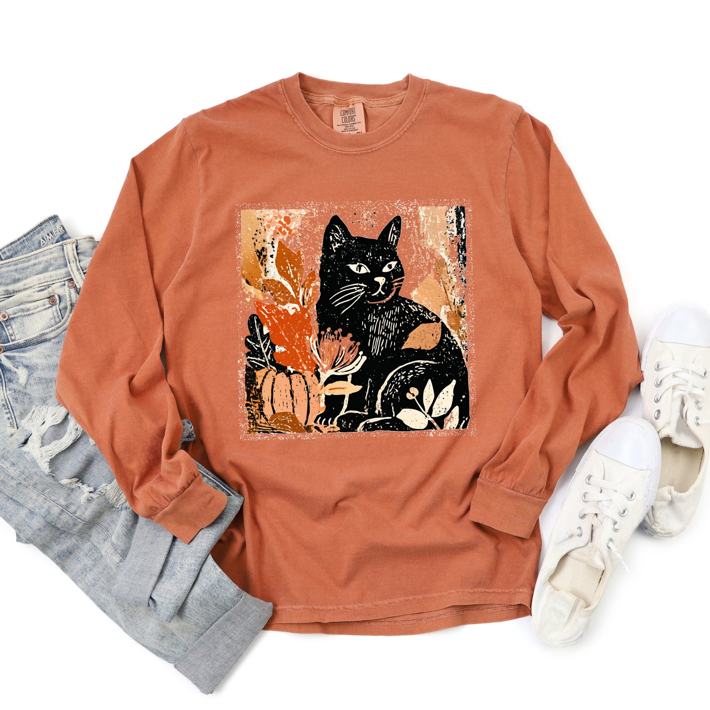 Black Cat Fall Leaves Distressed - Women's Garment Dyed Long Sleeve Graphic T-Shirt