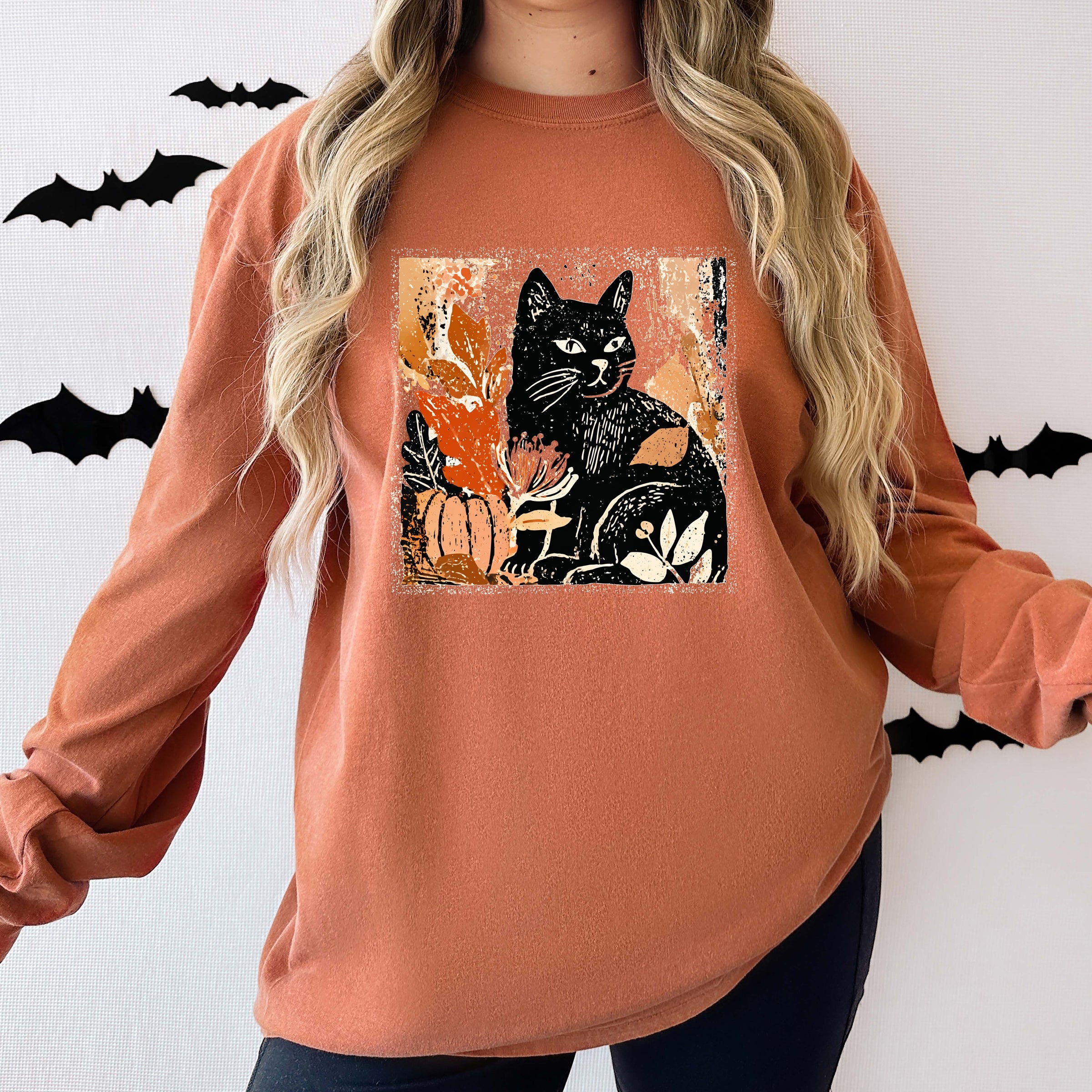 Black Cat Fall Leaves Distressed - Women's Garment Dyed Long Sleeve Graphic T-Shirt
