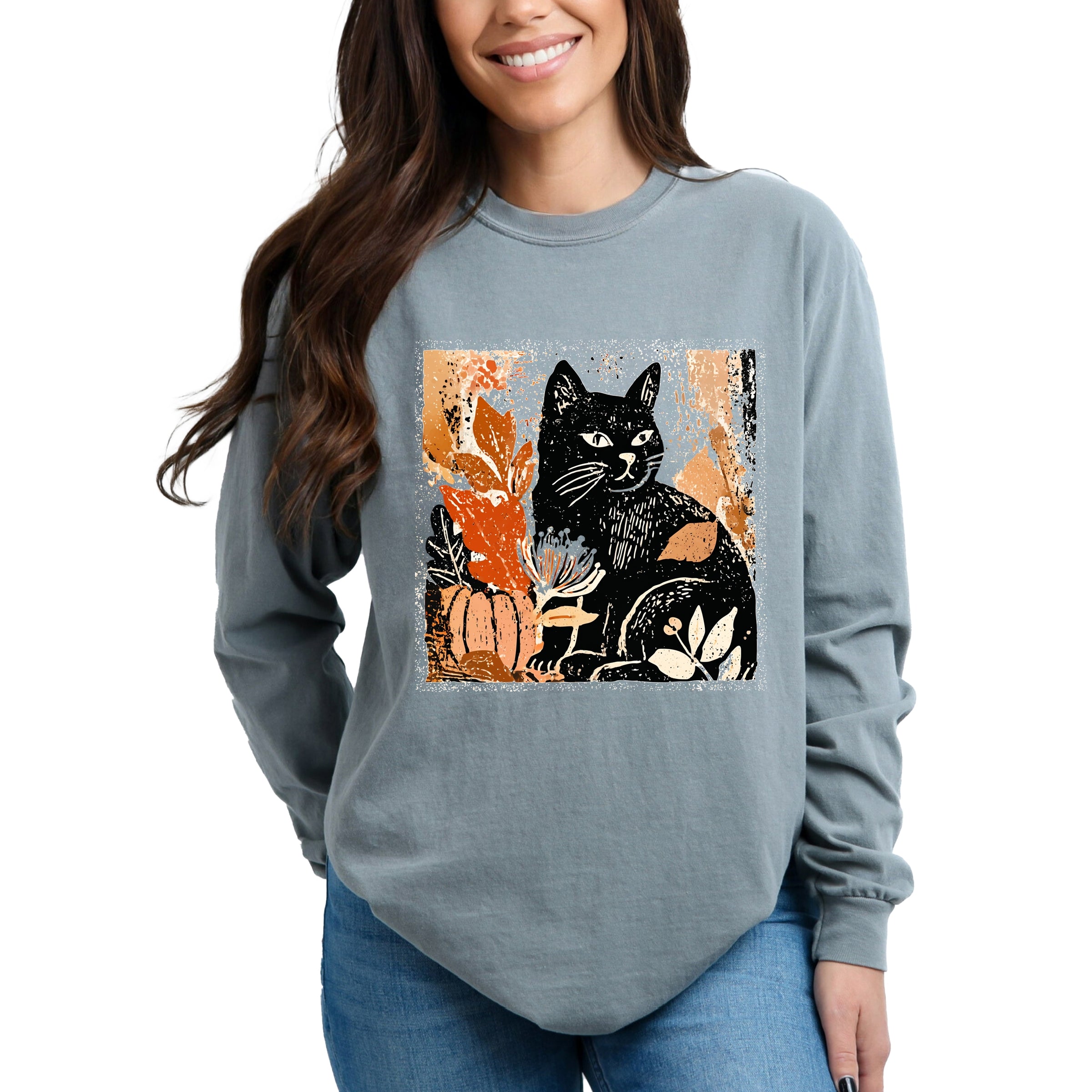 Black Cat Fall Leaves Distressed - Women's Garment Dyed Long Sleeve Graphic T-Shirt