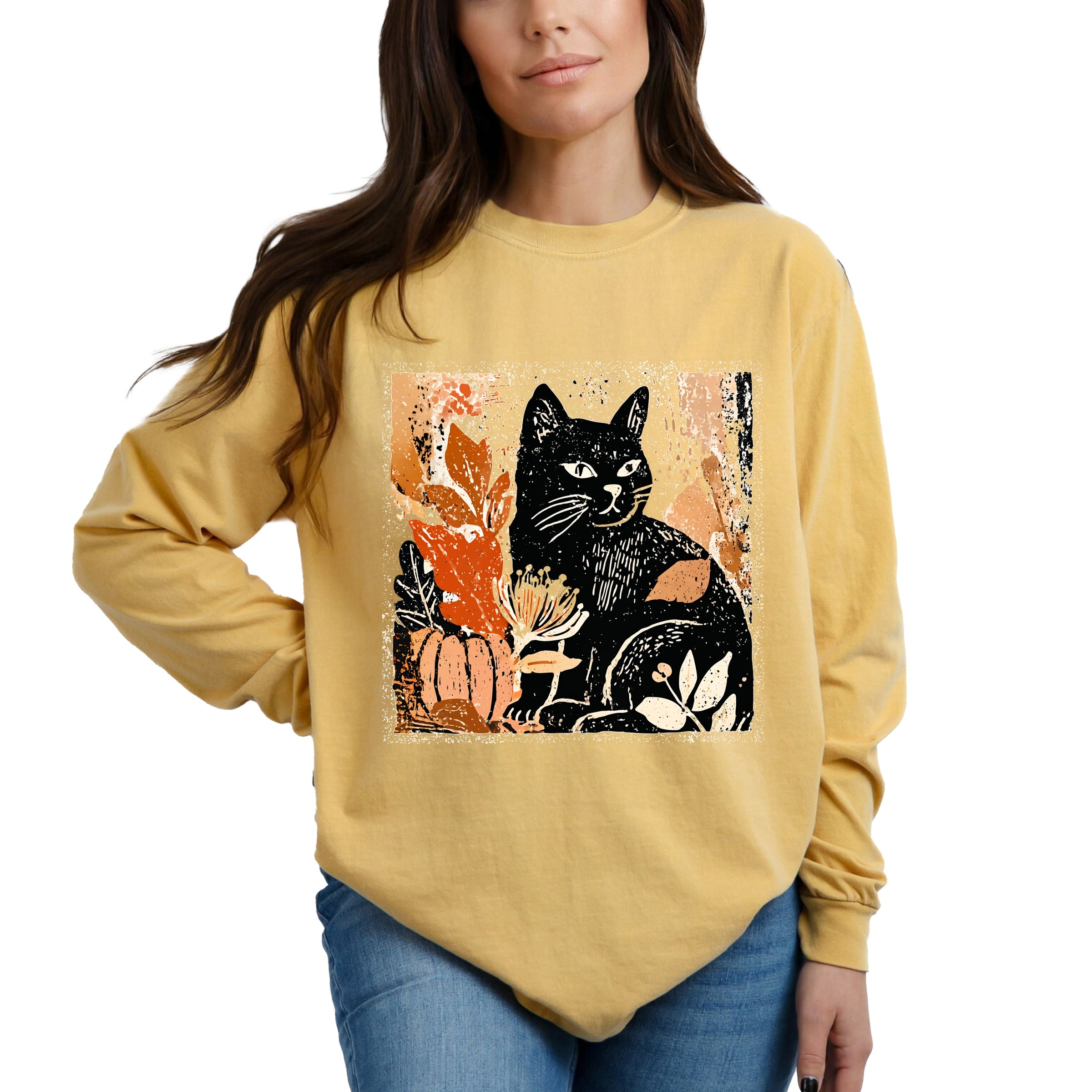 Black Cat Fall Leaves Distressed - Women's Garment Dyed Long Sleeve Graphic T-Shirt