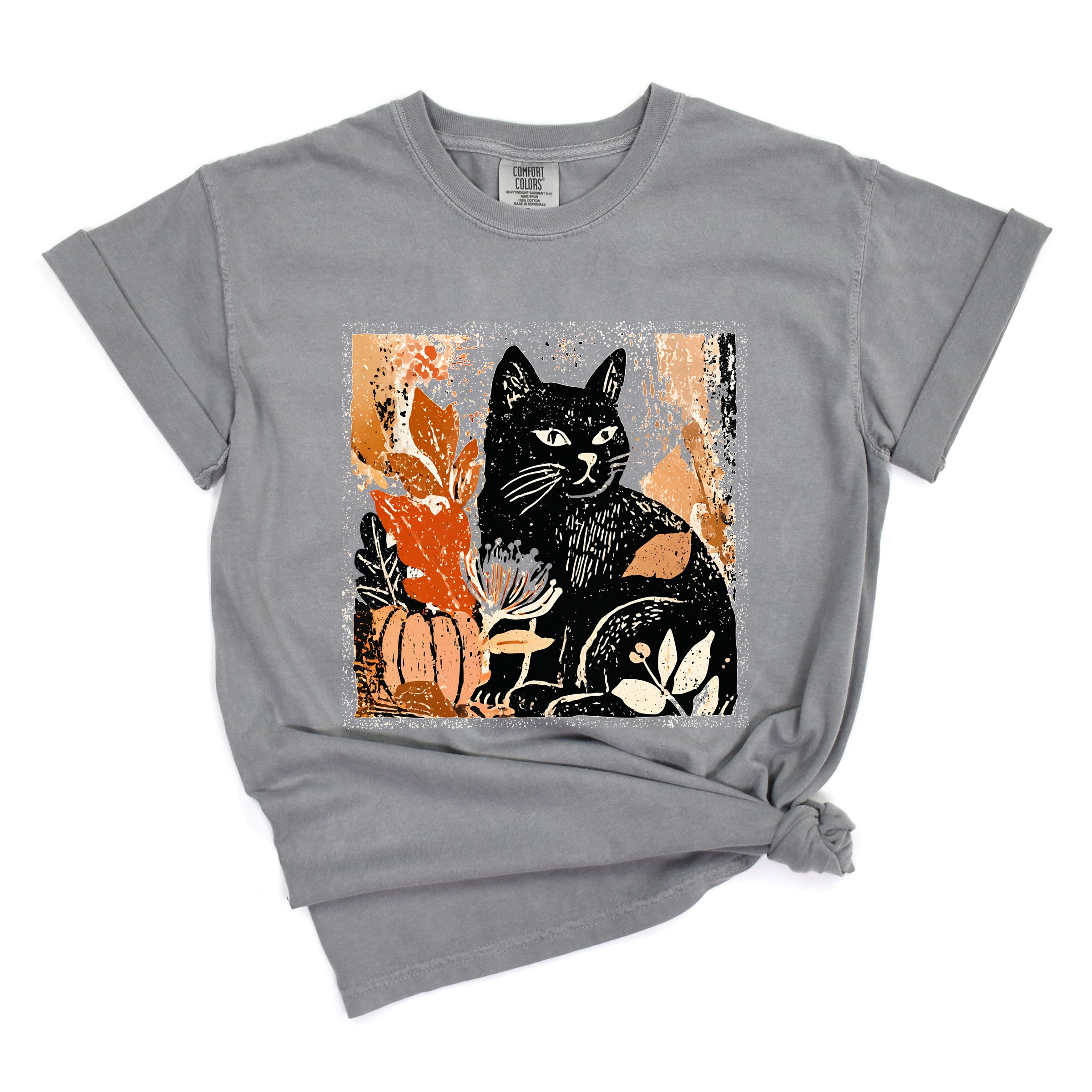 Black Cat Fall Leaves Distressed - Women's Garment Dyed Graphic T-Shirt