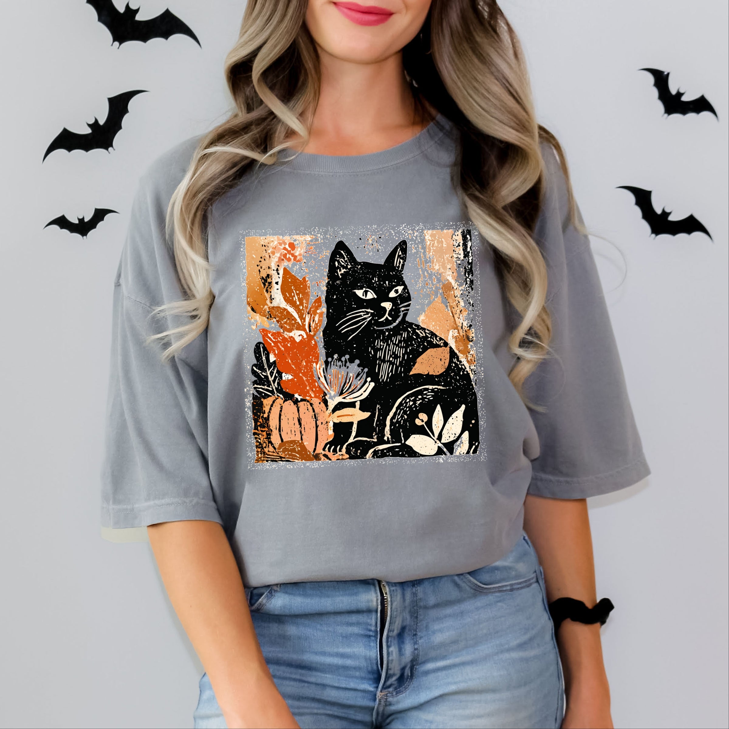 Black Cat Fall Leaves Distressed - Women's Garment Dyed Graphic T-Shirt