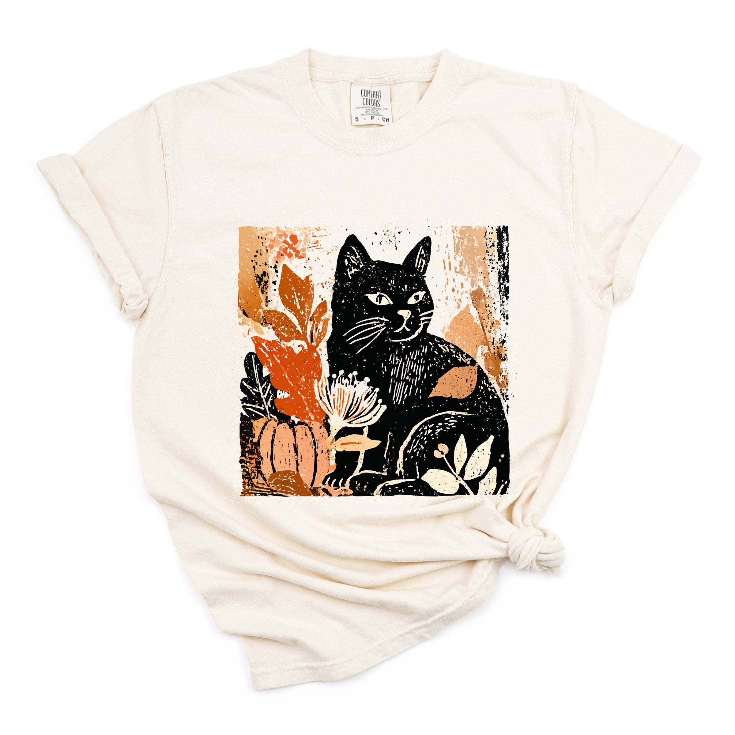 Black Cat Fall Leaves Distressed - Women's Garment Dyed Graphic T-Shirt
