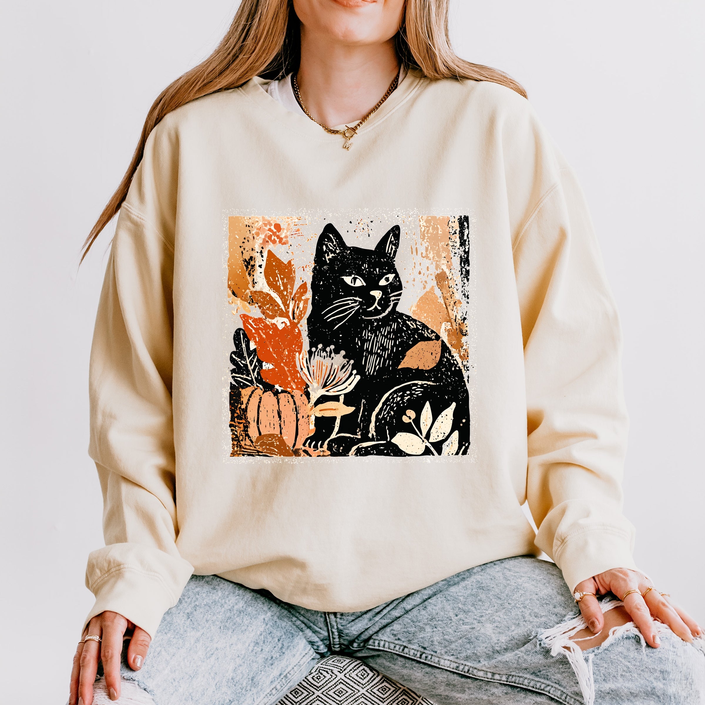 Black Cat Fall Leaves Distressed - Women's Lightweight Garment Dyed Sweatshirt