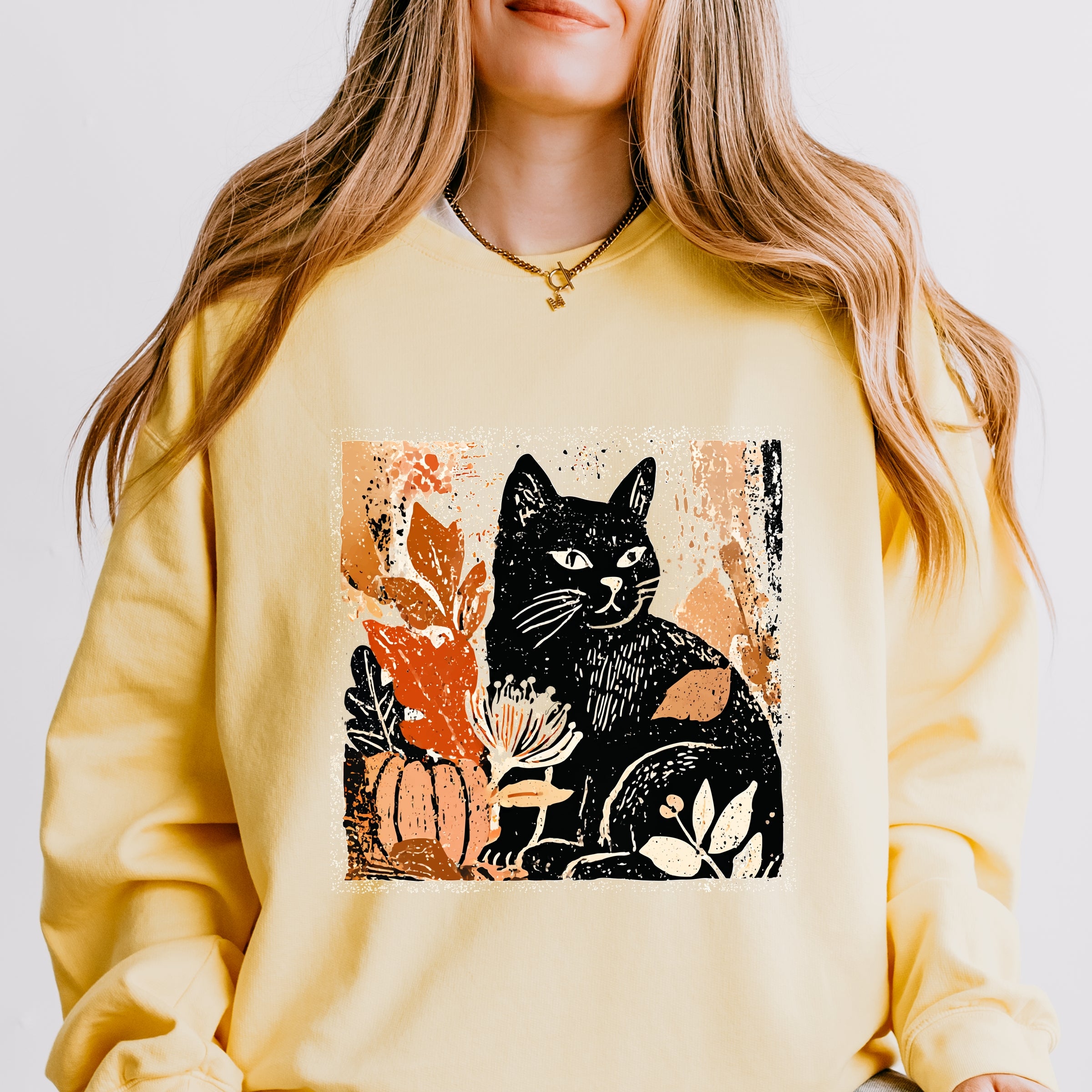 Black Cat Fall Leaves Distressed - Women's Lightweight Garment Dyed Sweatshirt