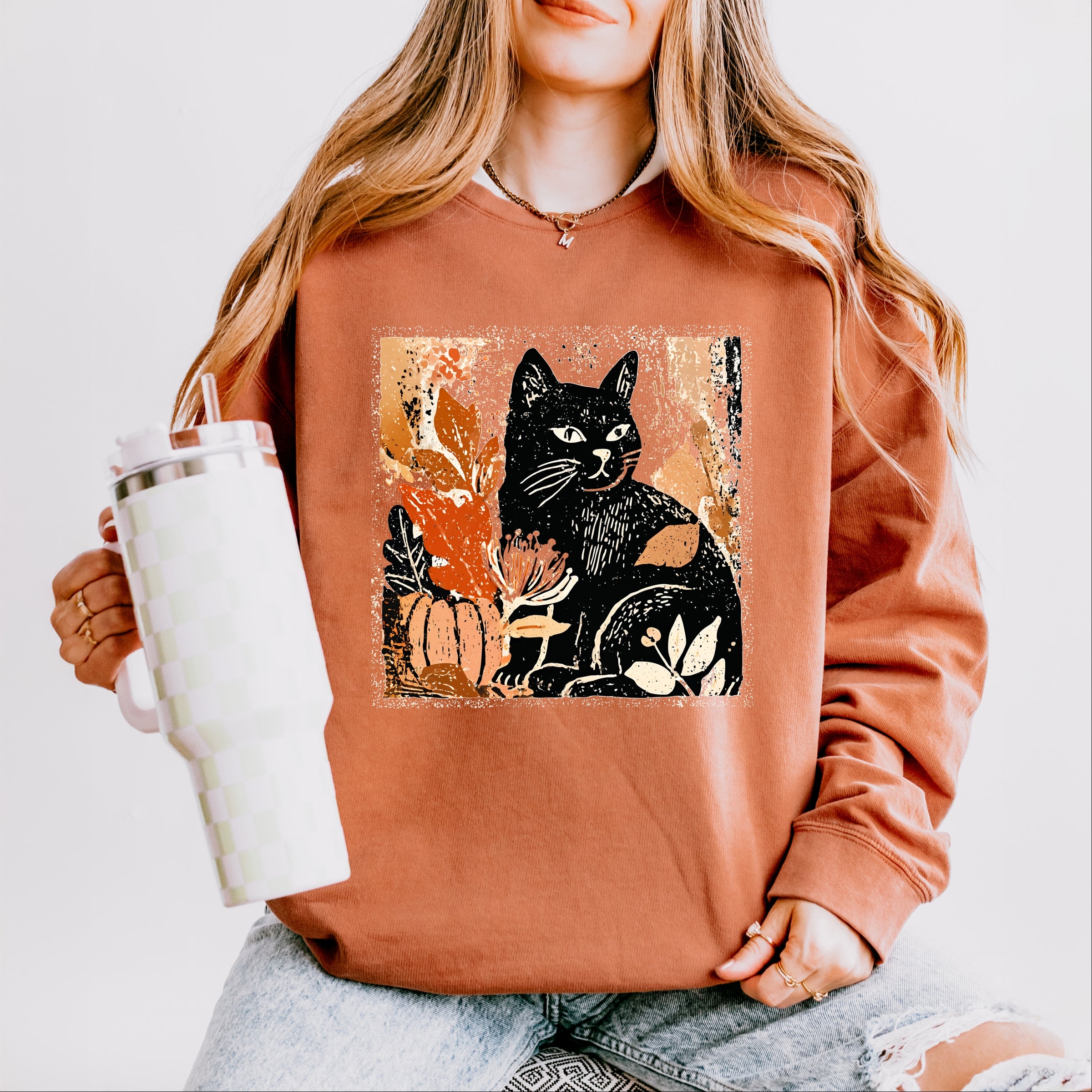 Black Cat Fall Leaves Distressed - Women's Lightweight Garment Dyed Sweatshirt