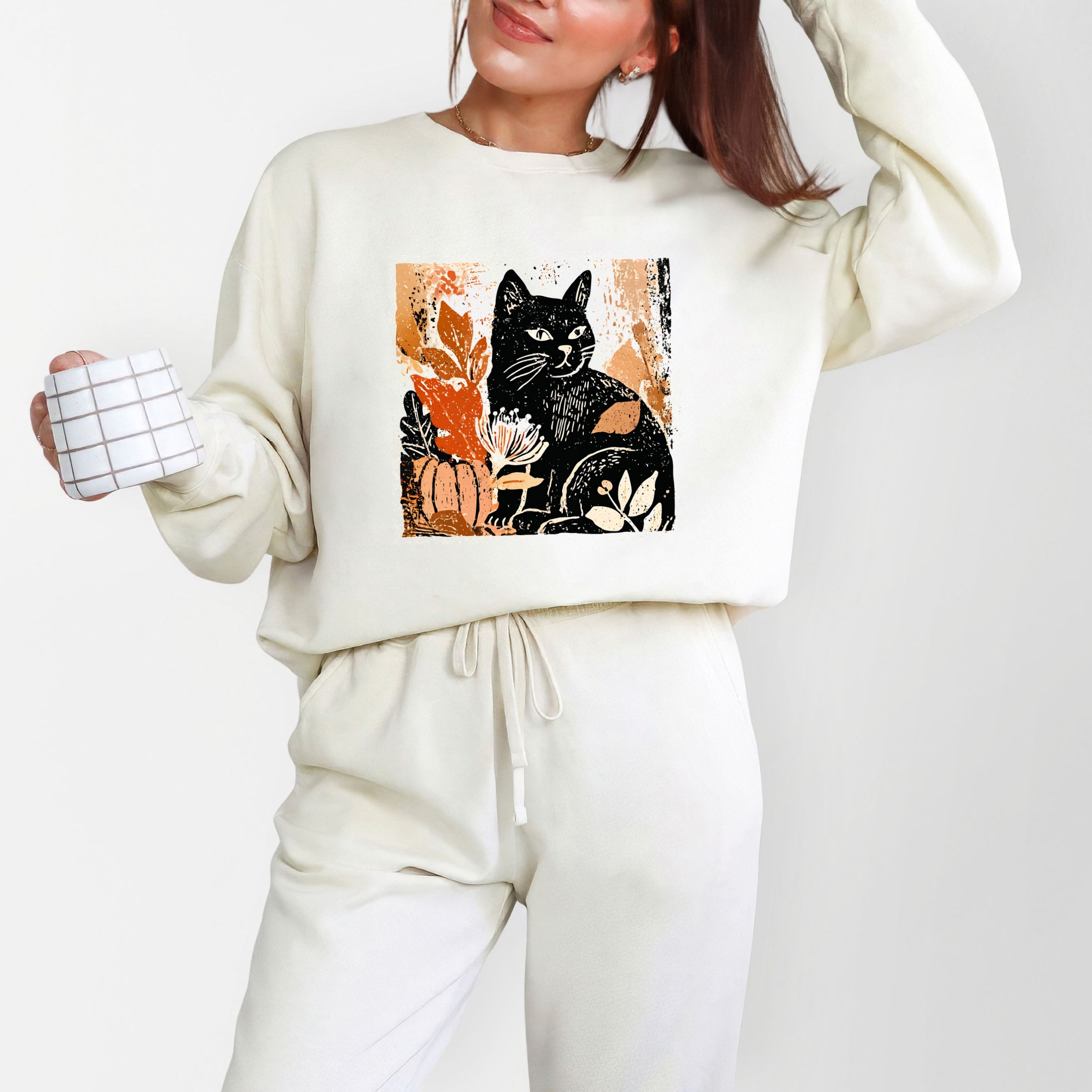 Black Cat Fall Leaves Distressed - Women's Lightweight Garment Dyed Sweatshirt