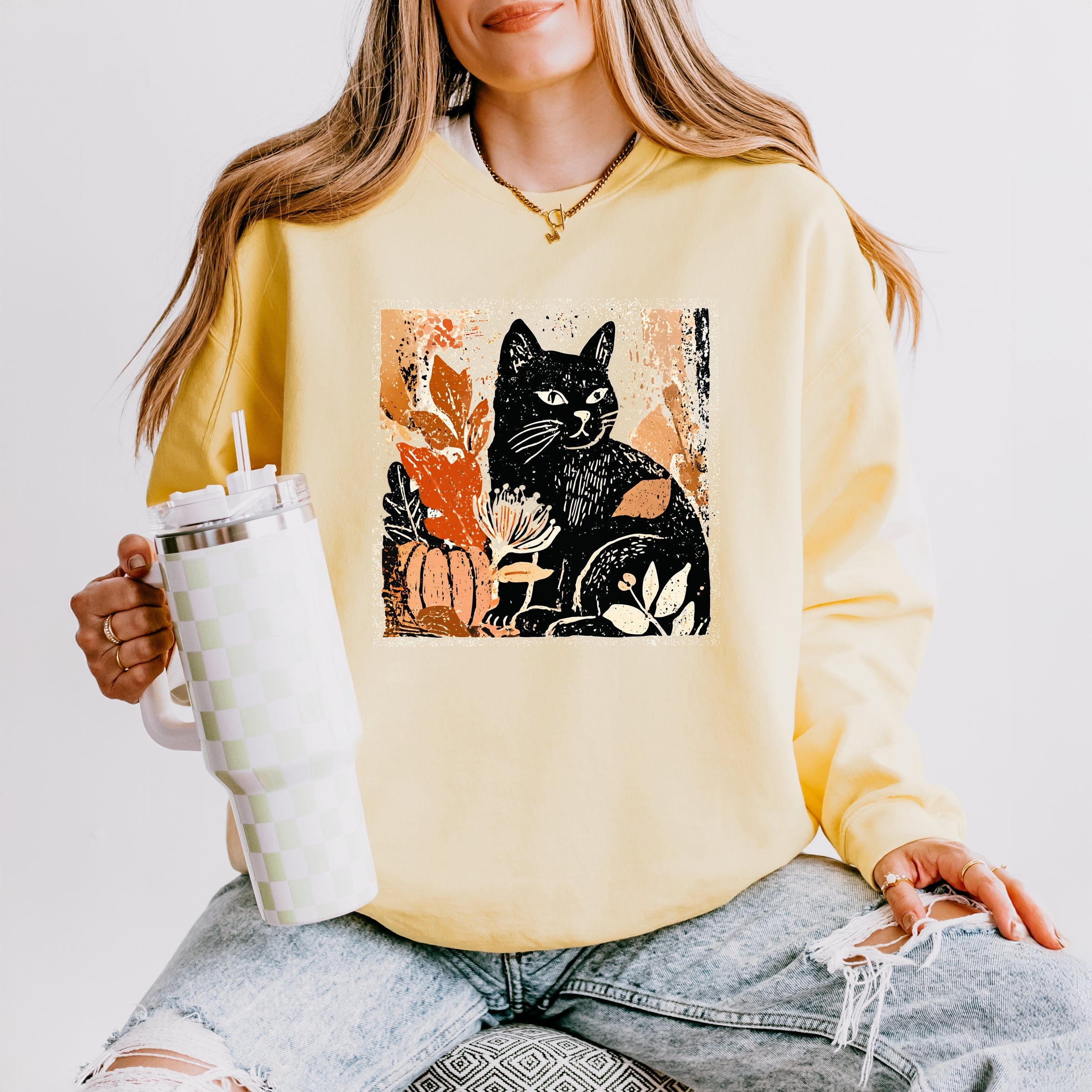 Black Cat Fall Leaves Distressed - Women's Lightweight Garment Dyed Sweatshirt