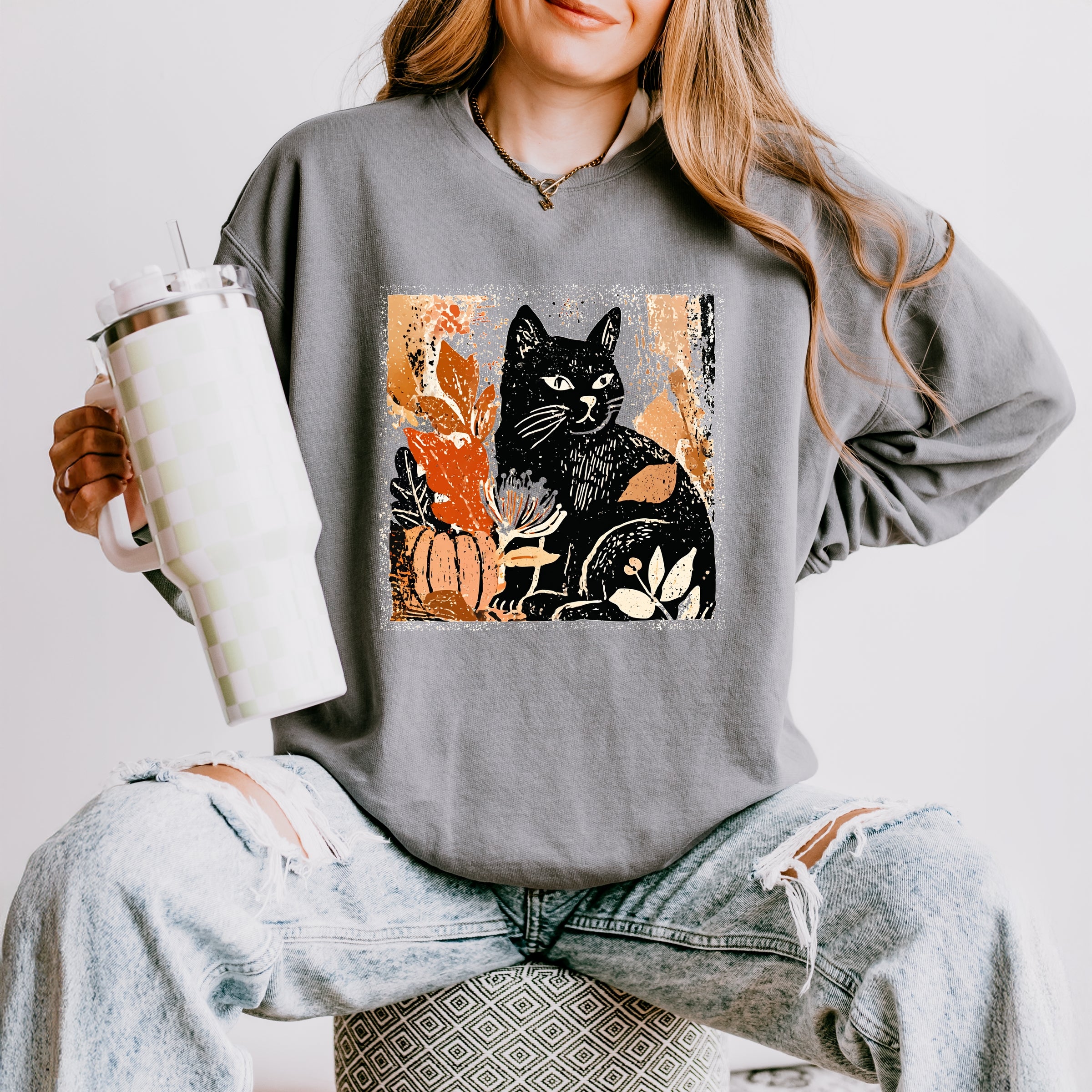Black Cat Fall Leaves Distressed - Women's Lightweight Garment Dyed Sweatshirt