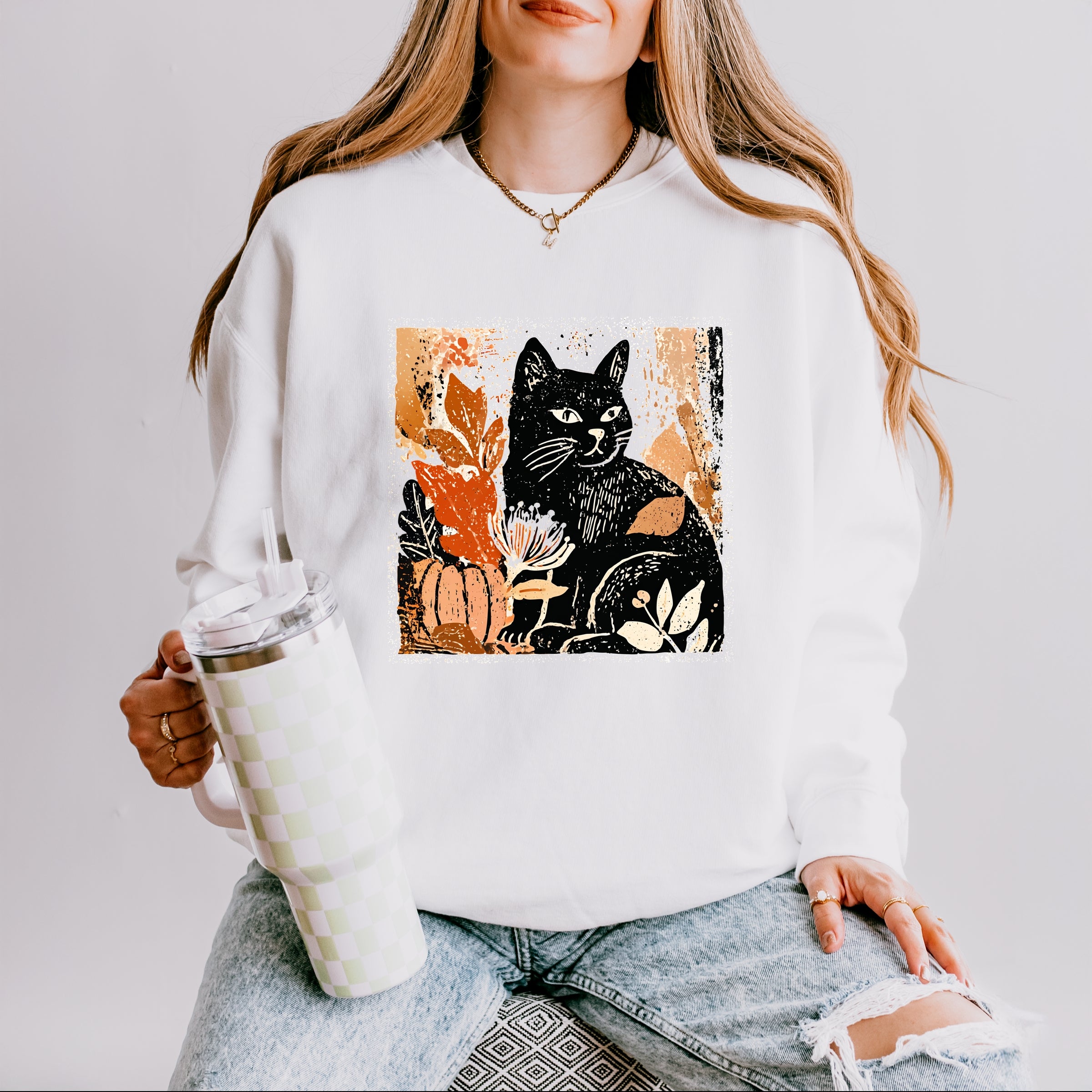 Black Cat Fall Leaves Distressed - Women's Lightweight Garment Dyed Sweatshirt