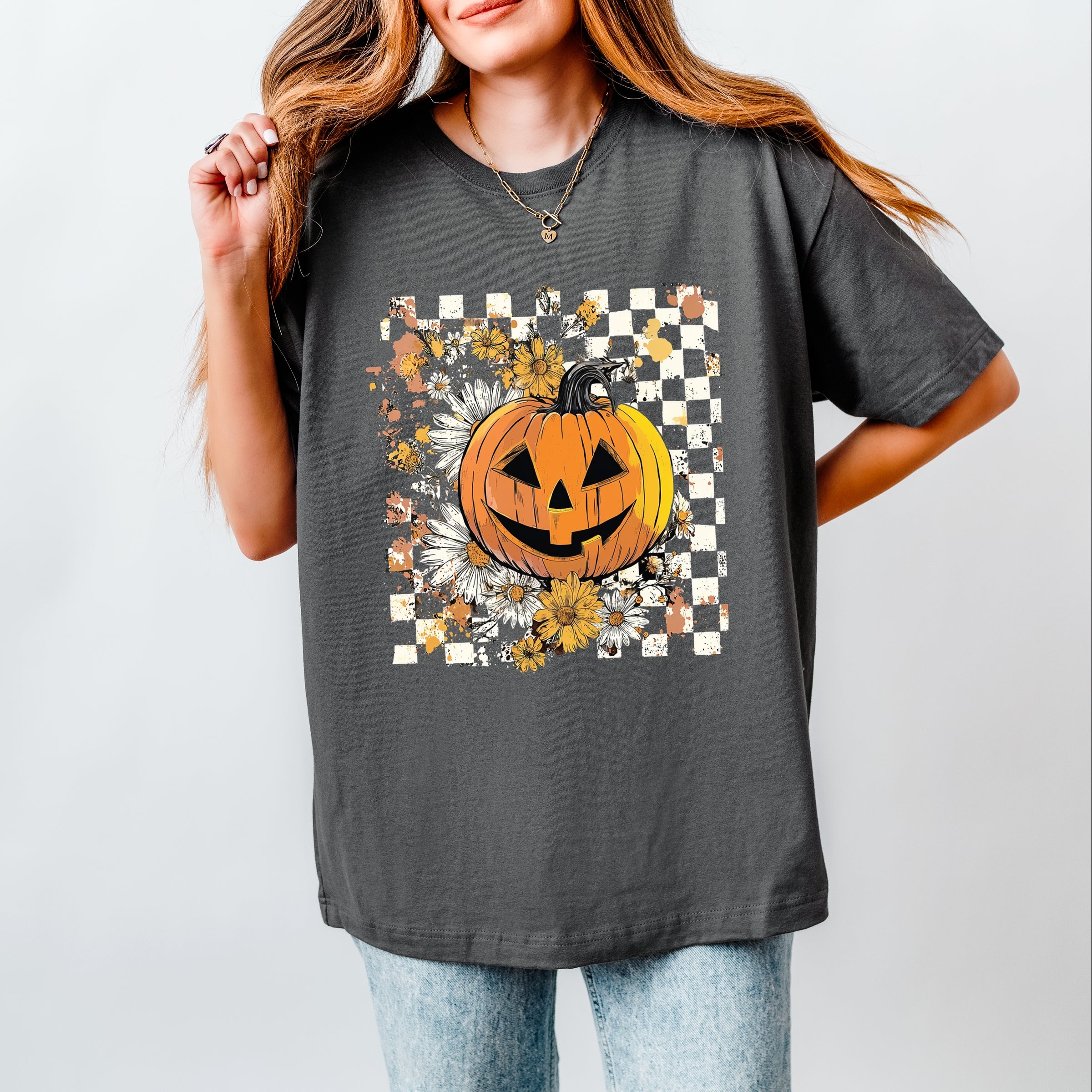 Carved Pumpkin Checkered Floral - Womens Heavyweight Tee