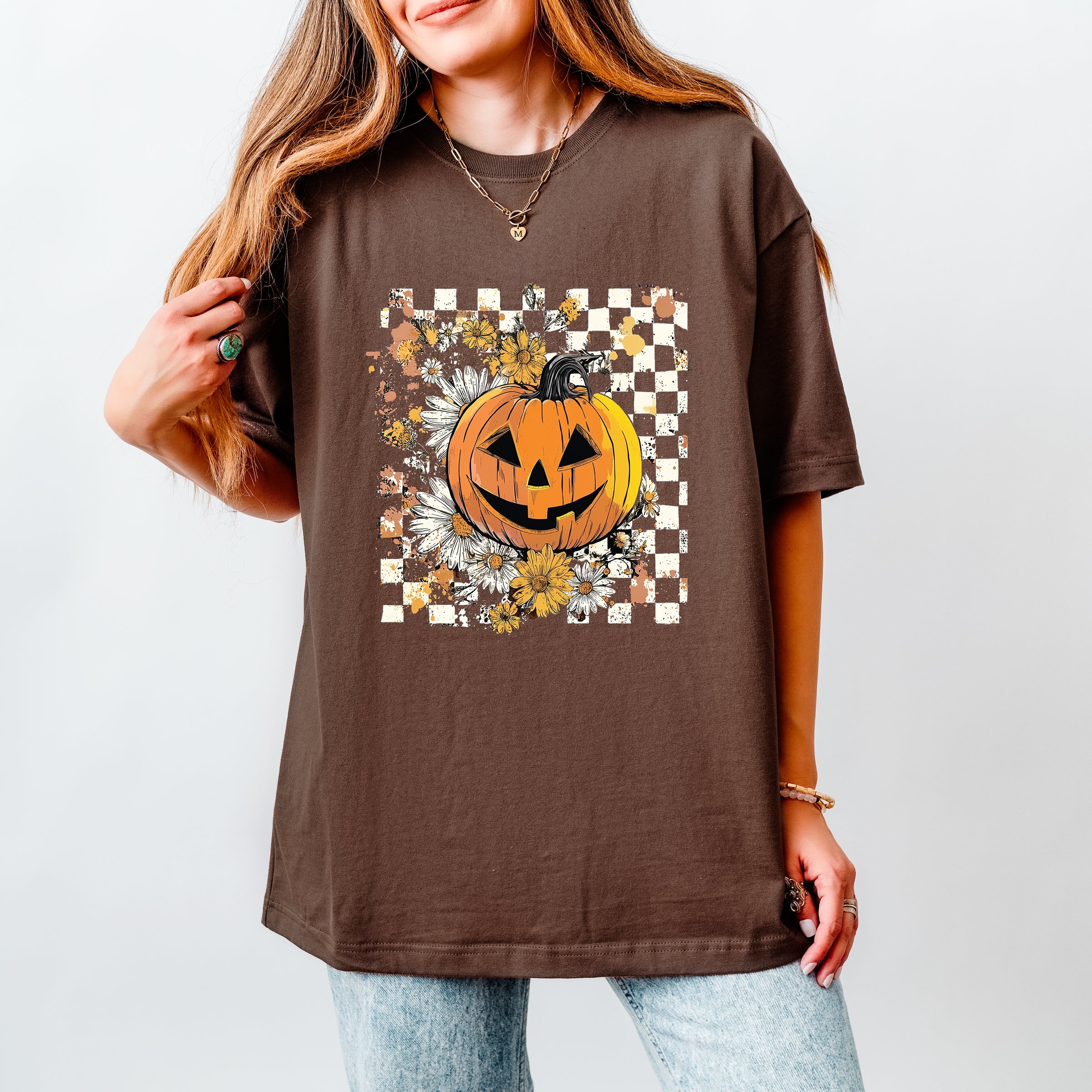Carved Pumpkin Checkered Floral - Womens Heavyweight Tee