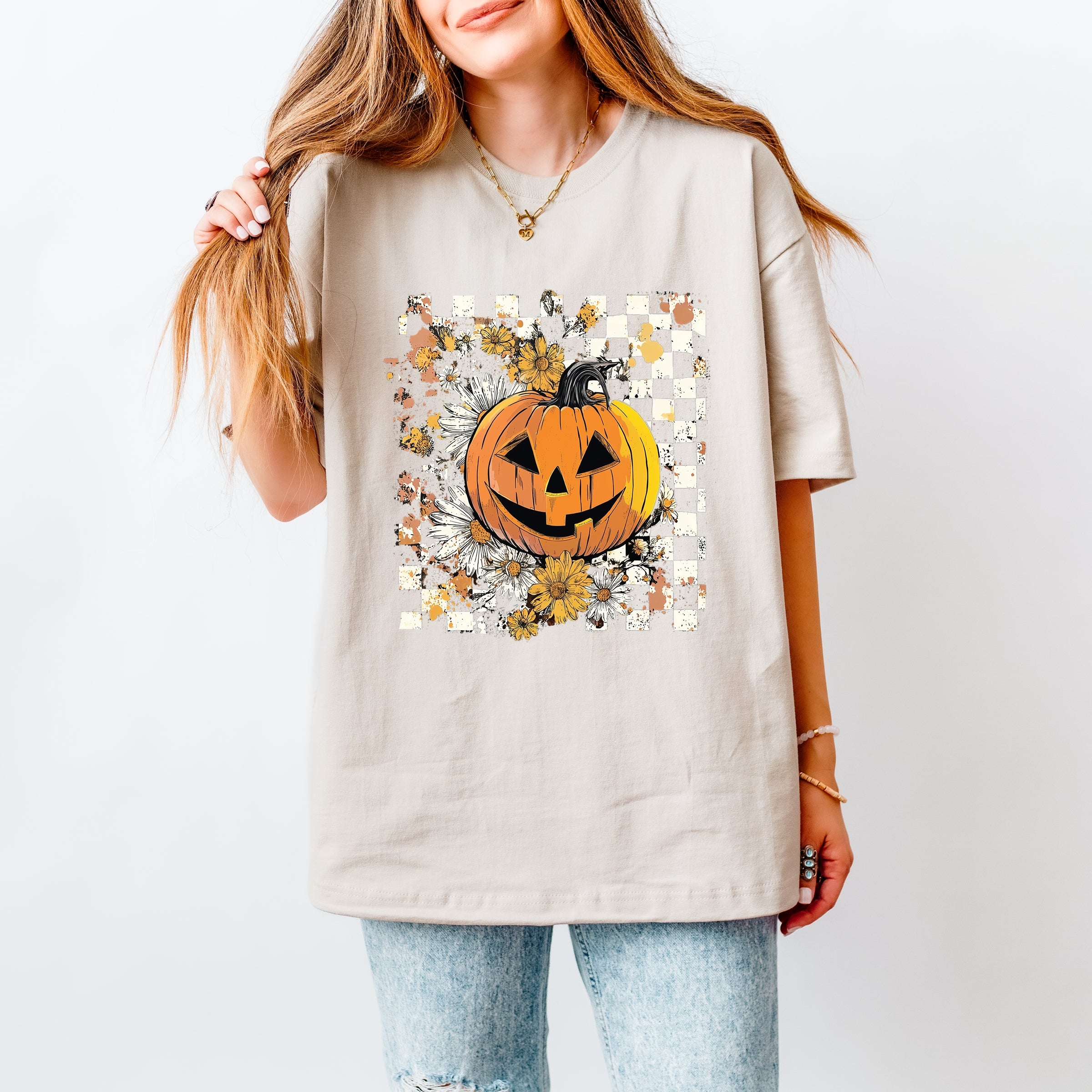 Carved Pumpkin Checkered Floral - Women's Heavyweight Tee