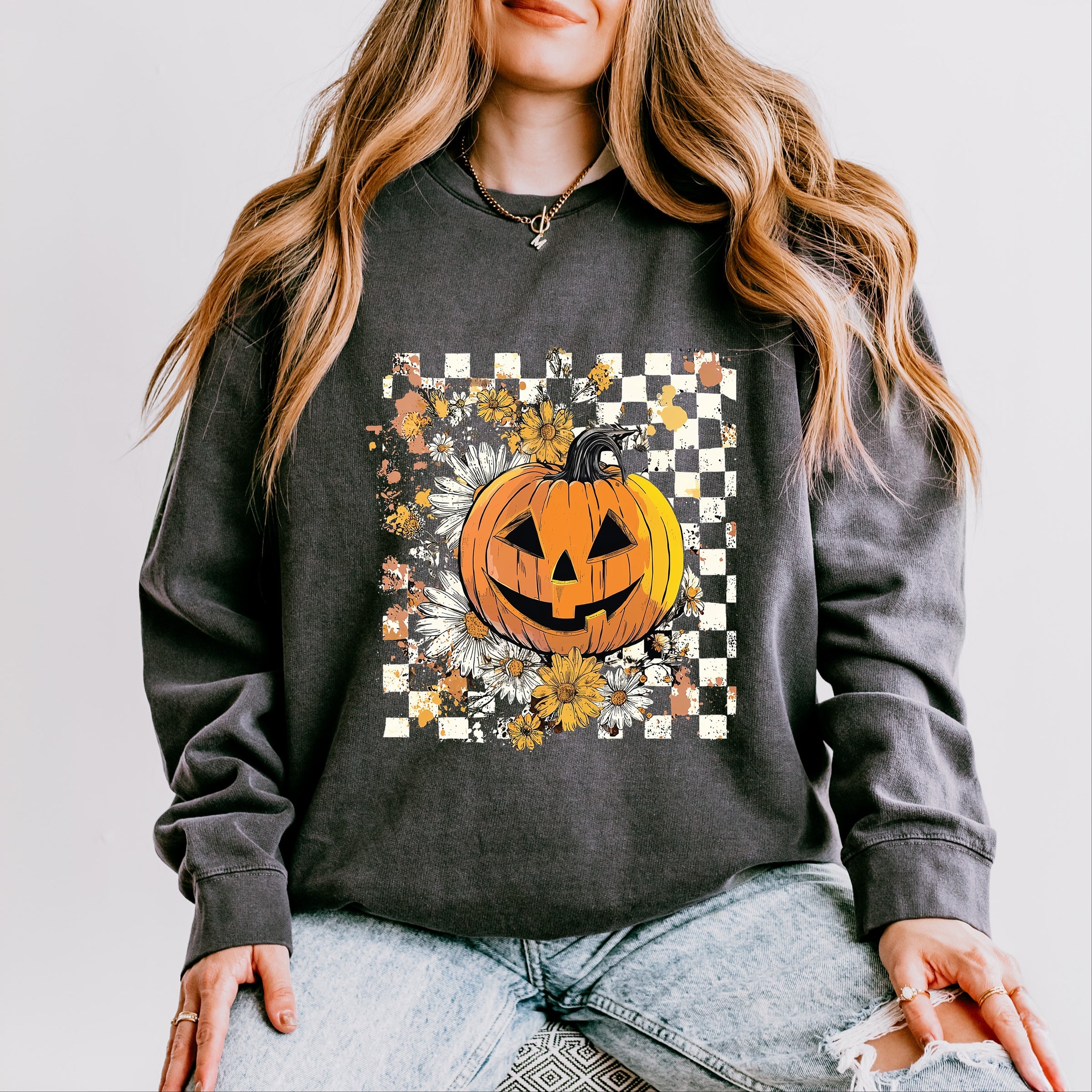 Carved Pumpkin Checkered Floral - Women's Lightweight Garment Dyed Sweatshirt