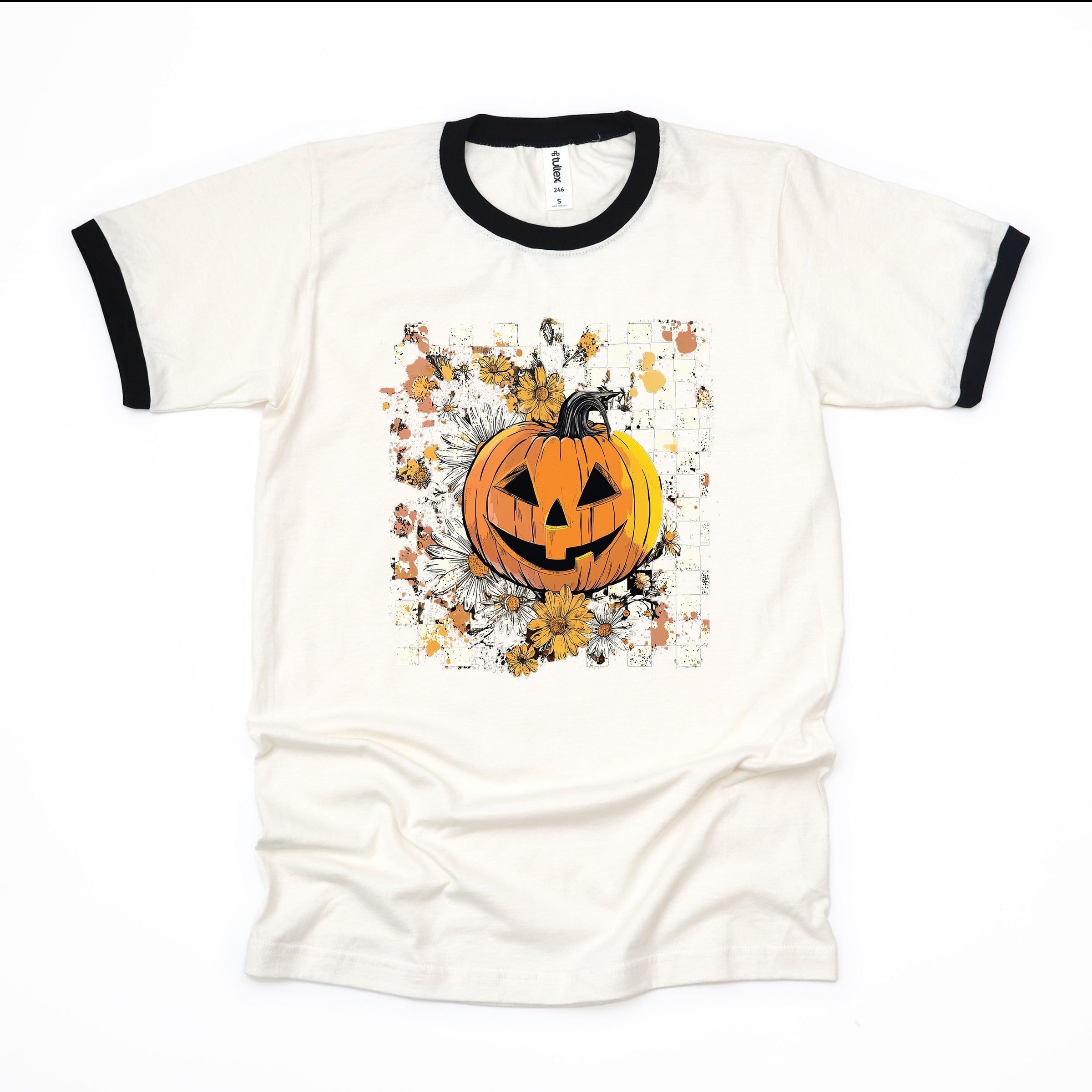 Carved Pumpkin Checkered Floral - Womens Ringer Tee