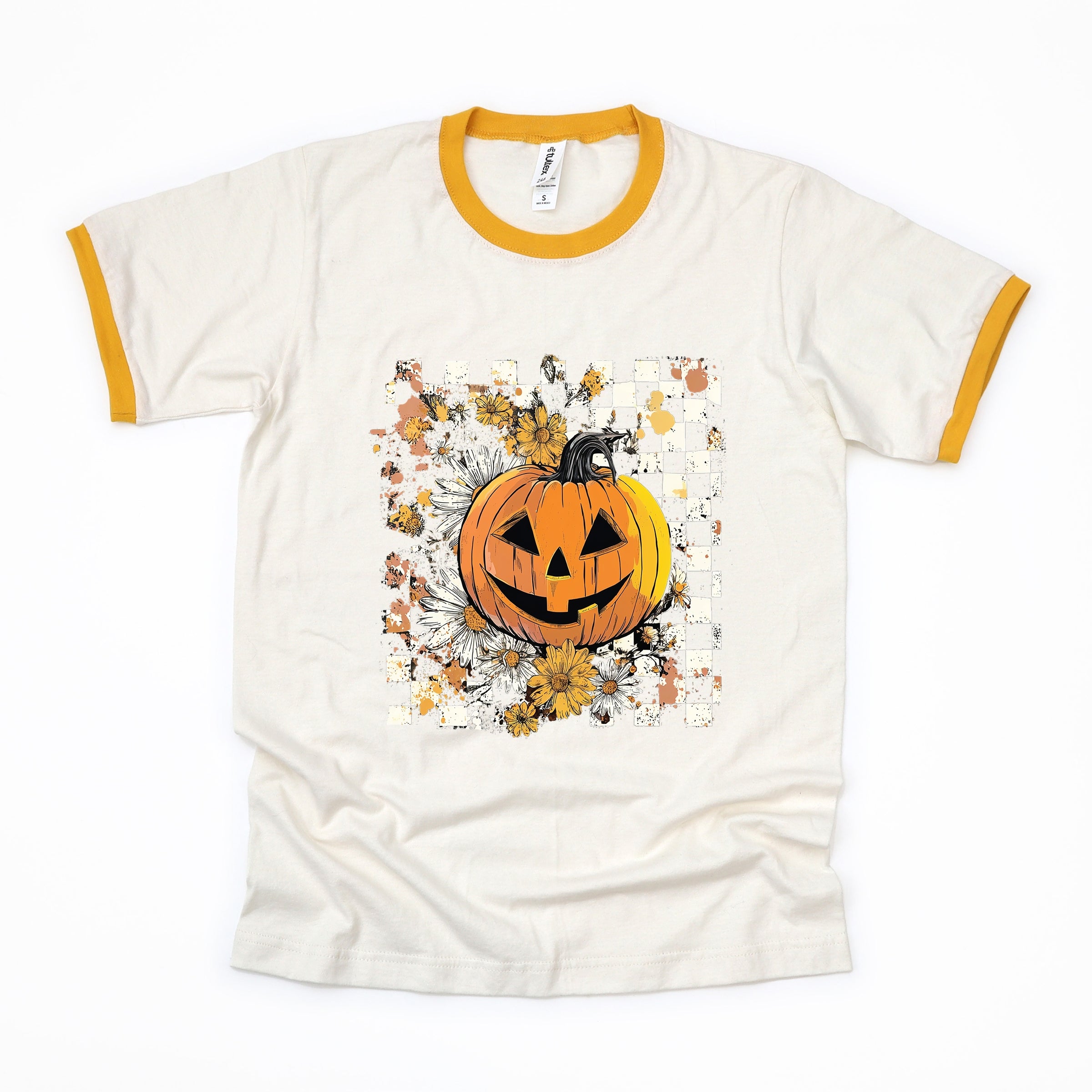 Carved Pumpkin Checkered Floral - Womens Ringer Tee