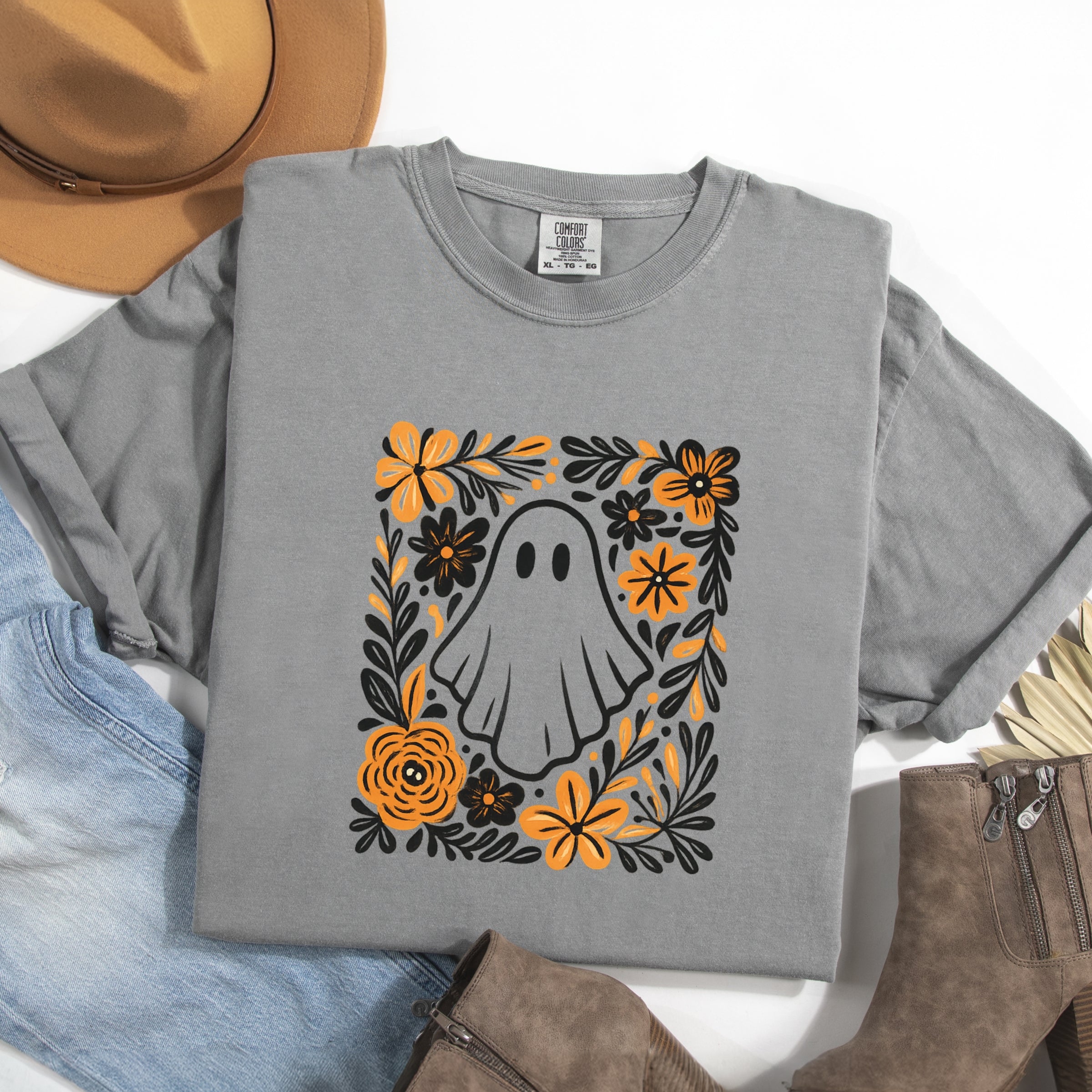 Ghost Floral Orange - Womens Garment Dyed Tee